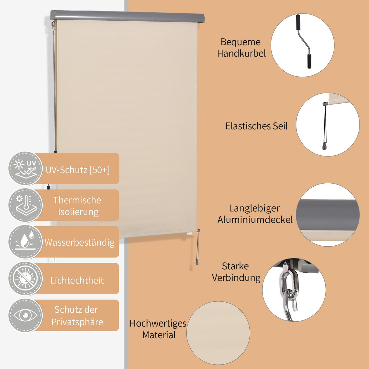 Vertical Awning Balcony Awning With Hand Crank, Wind Protection Side Blind, Polyester + Aluminum, 140X200Cm