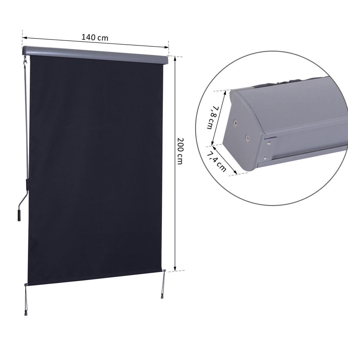 Vertical Awning Balcony Awning With Hand Crank, Wind Protection Side Blind, Polyester + Aluminum, Dark Gray, 140X250Cm