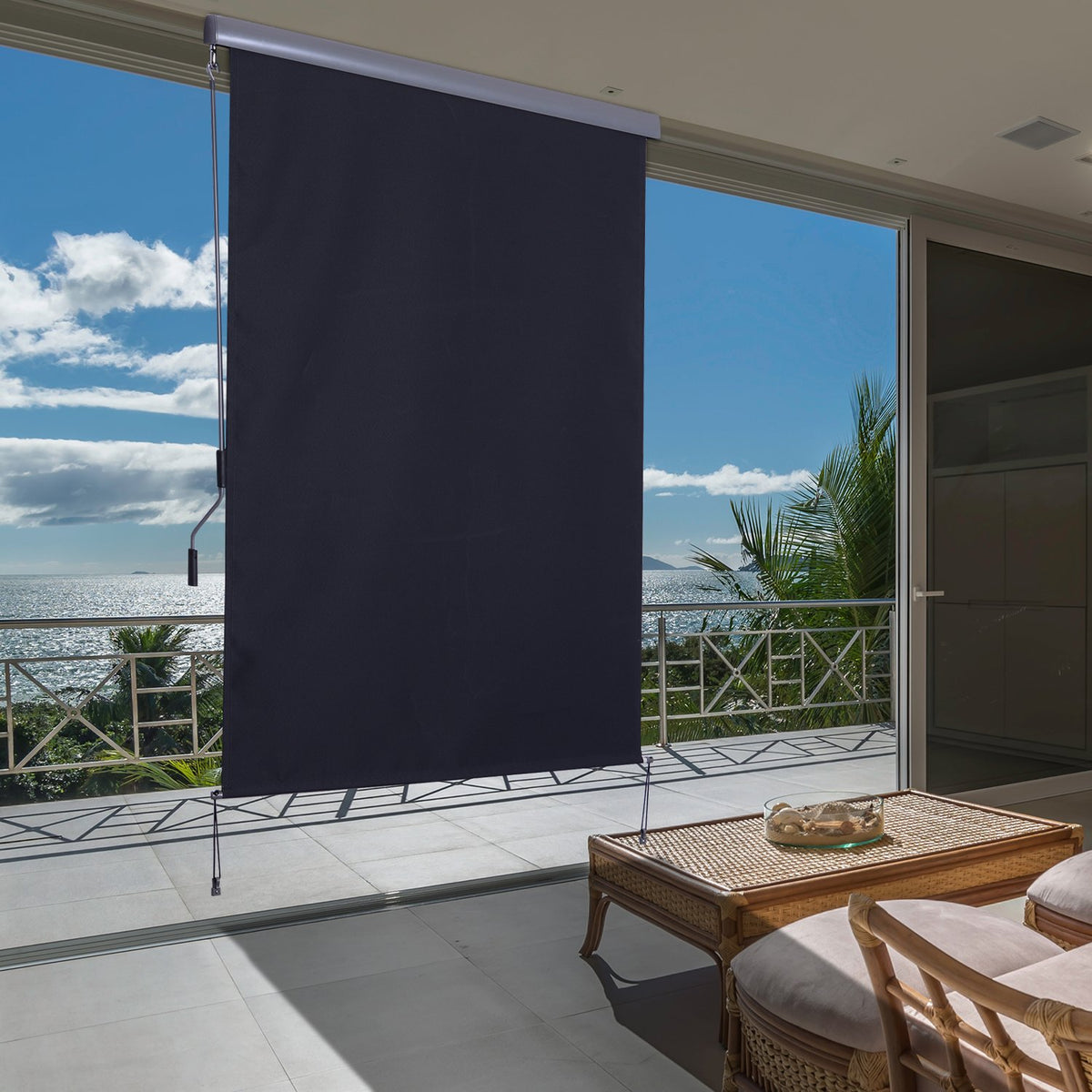 Vertical Awning Balcony Awning With Hand Crank, Wind Protection Side Blind, Polyester + Aluminum, Dark Gray, 140X250Cm