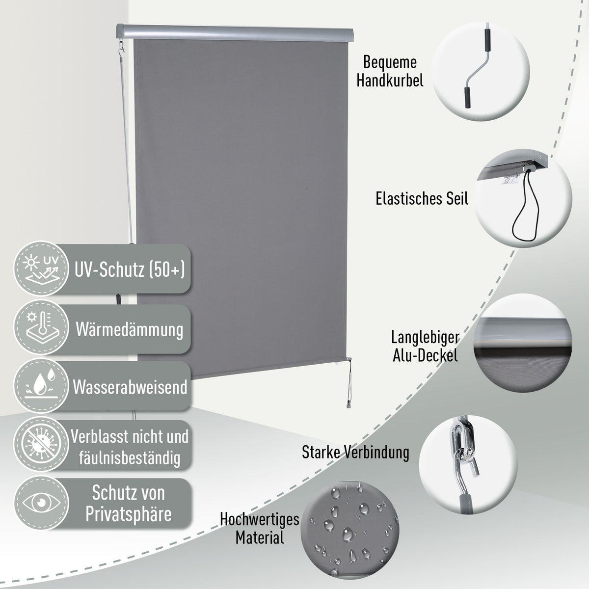 Vertical Awning Balcony Awning With Hand Crank, Wind Protection Side Blind, Polyester + Aluminum, Gray, 140X200Cm