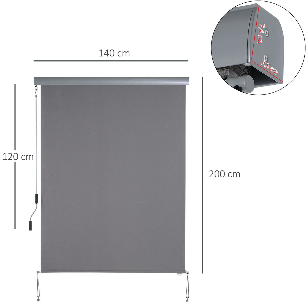Vertical Awning Balcony Awning With Hand Crank, Wind Protection Side Blind, Polyester + Aluminum, Gray, 140X200Cm