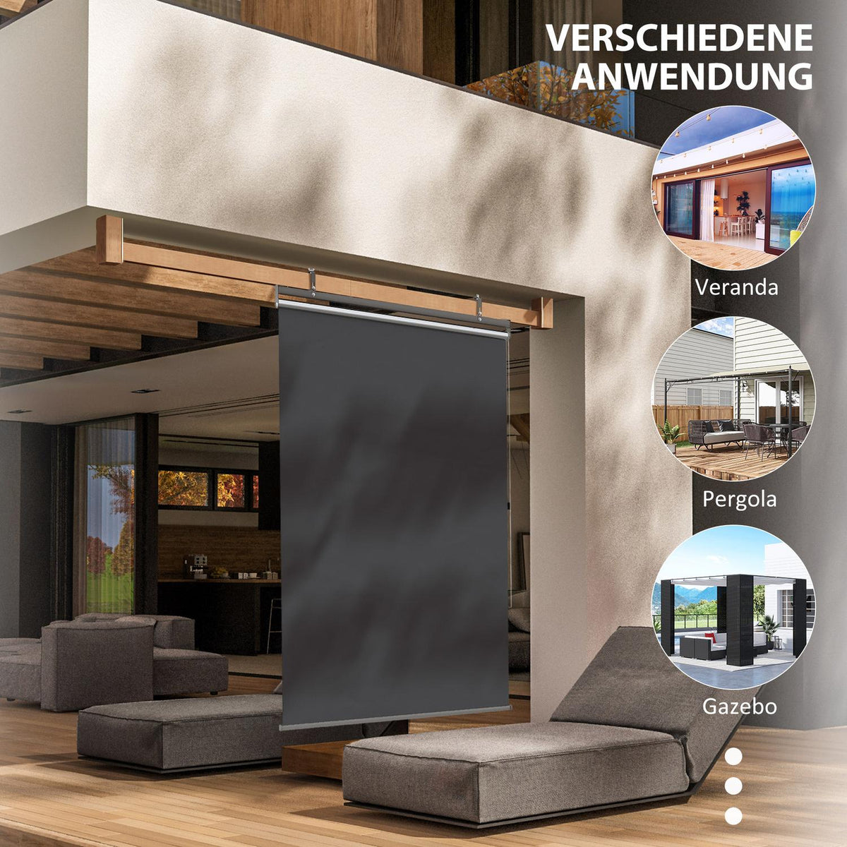 Vertical Awning Balcony Privacy Screen With Sun Protection, 124 X 222Cm Balcony Blind With Hooks, Privacy Screen For Pavilion, Pergola, Polyester, Dark Gray