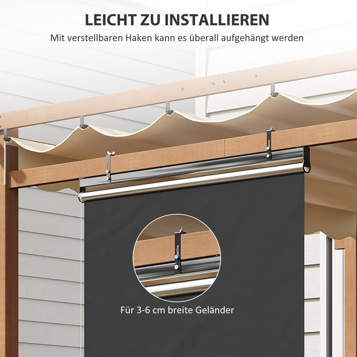 Vertical Awning Balcony Privacy Screen With Sun Protection, 124 X 222Cm Balcony Blind With Hooks, Privacy Screen For Pavilion, Pergola, Polyester, Dark Gray
