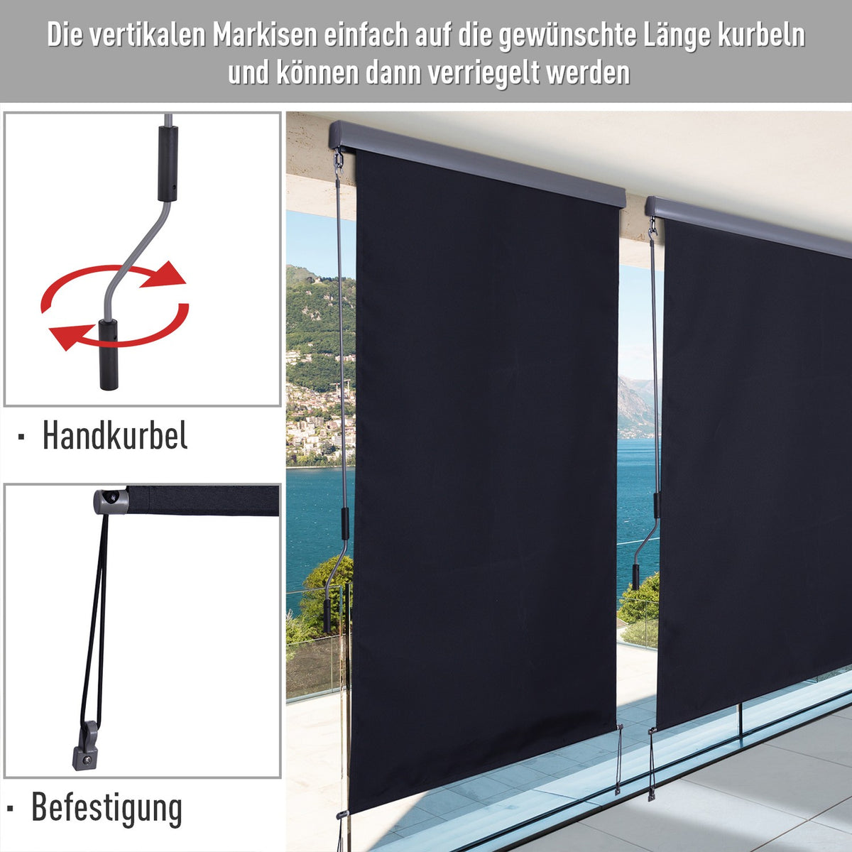 Vertical Awning Balcony Roller Blind Hand Crank Wind Protection Polyester Aluminum 140X200Cm