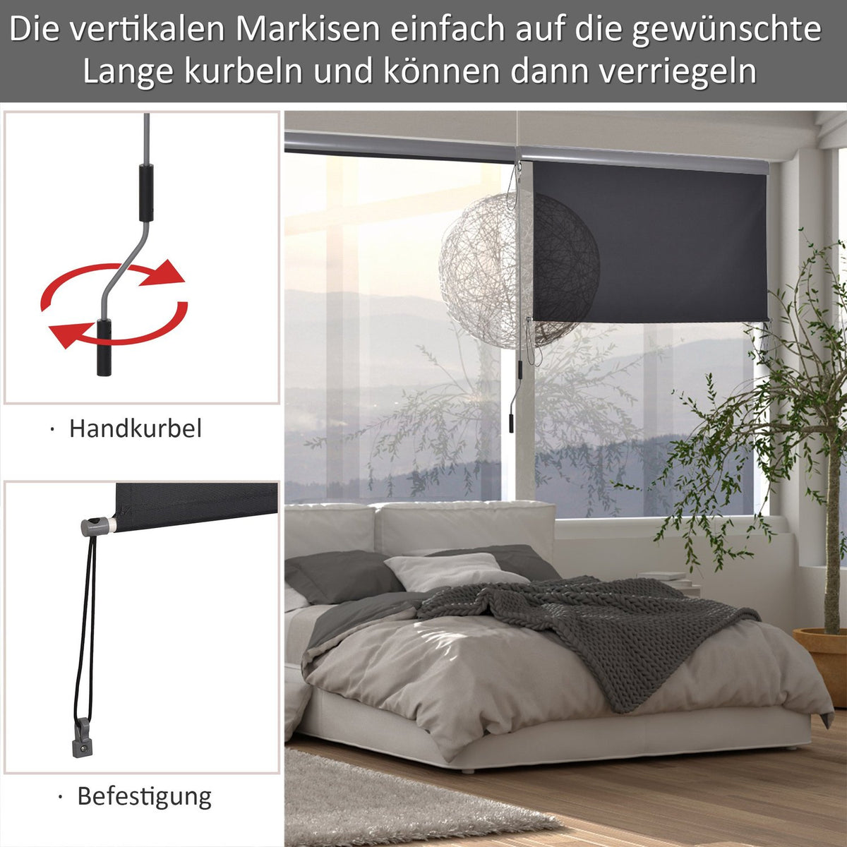 Vertical Awning Balcony Wind Protection And Privacy Screen, Hand Crank, Polyester + Aluminum, 160X250Cm