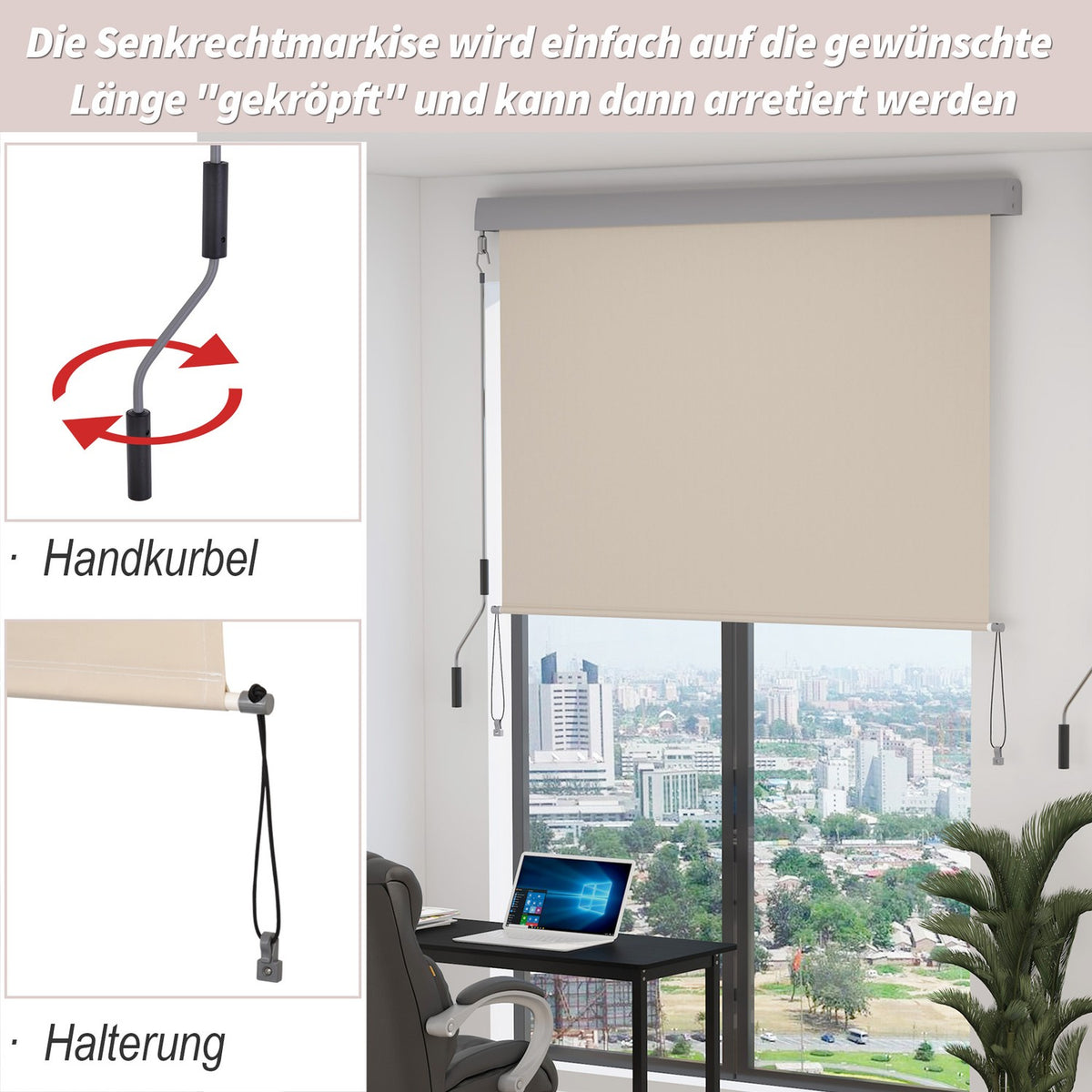 Vertical Awning Balcony Wind Protection And Privacy Screen, Hand Crank, Polyester + Aluminum, Cream White, 100X140Cm