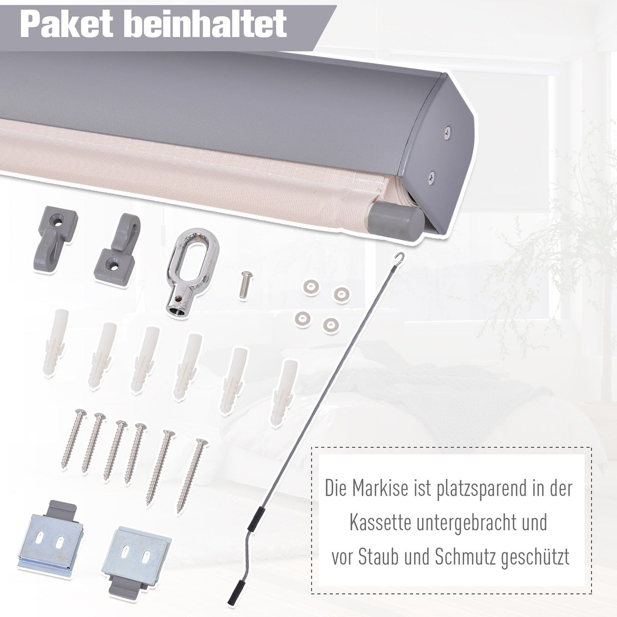 Vertical Awning Balcony Wind Protection And Privacy Screen, Hand Crank, Polyester + Aluminum, Cream White, 140X250Cm
