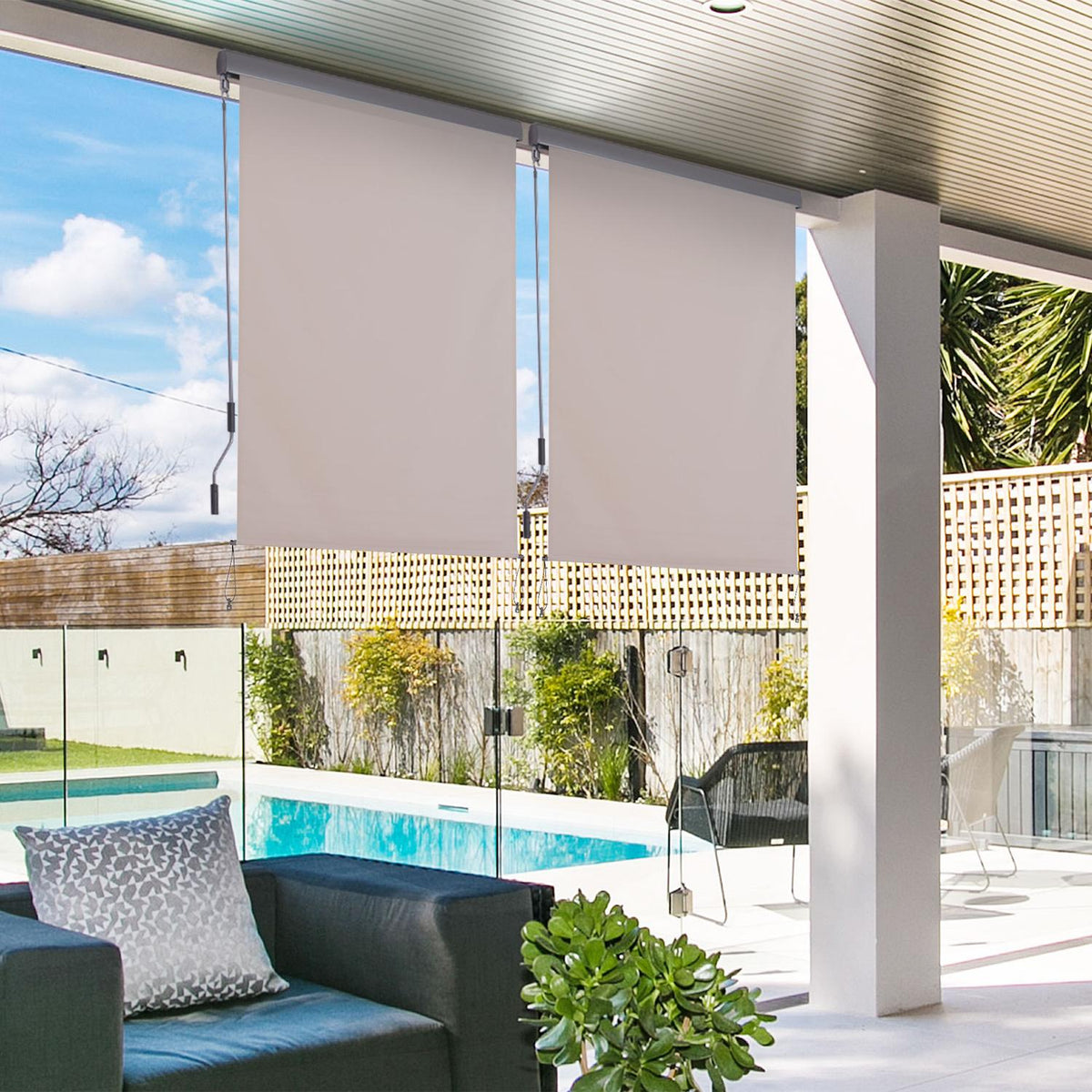 Vertical Awning Balcony Wind Protection And Privacy Screen, Hand Crank, Polyester + Aluminum, Cream White, 140X250Cm