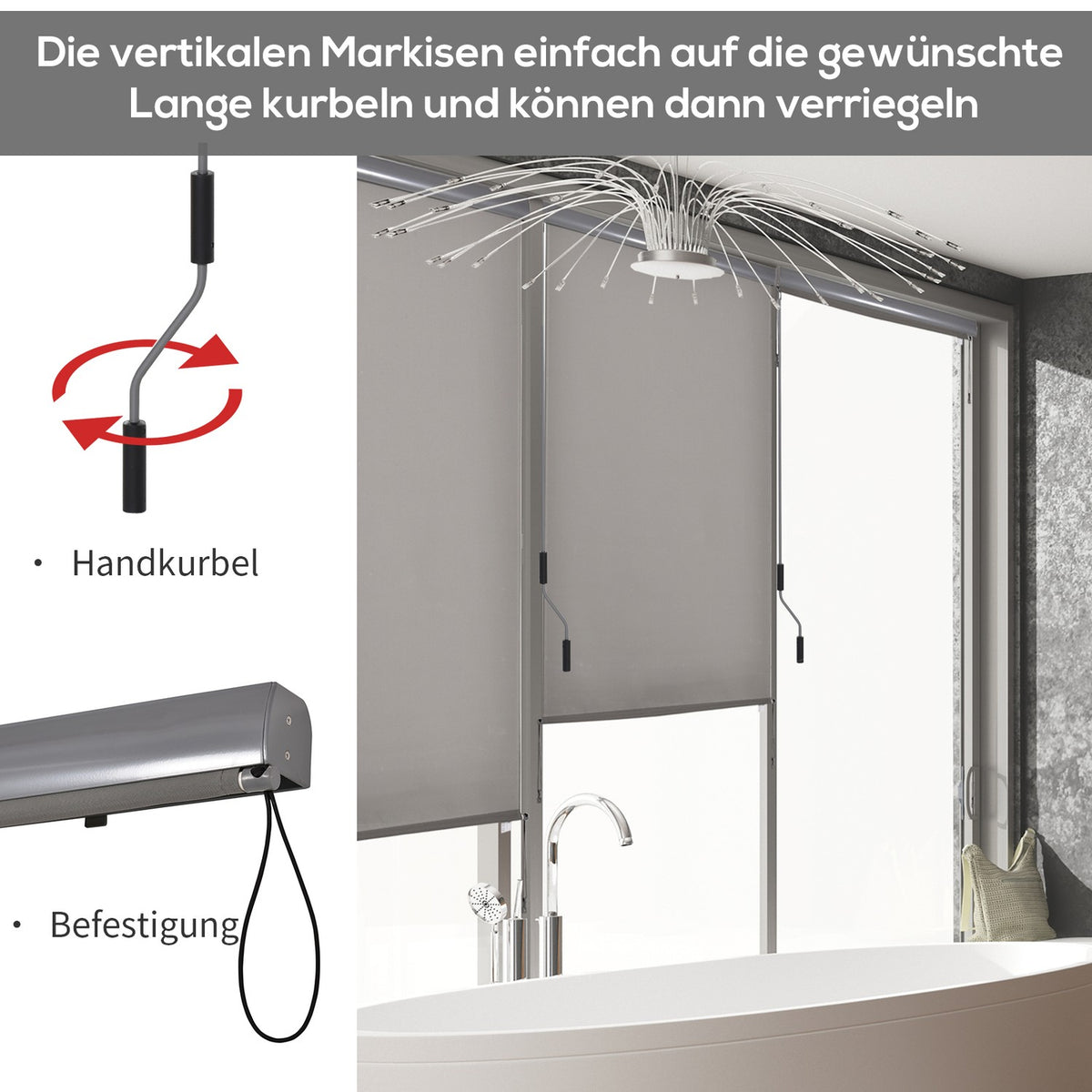 Vertical Awning Balcony Wind Protection & Privacy Screen, Hand Crank, Polyester+Aluminum, Grey, 160X250Cm