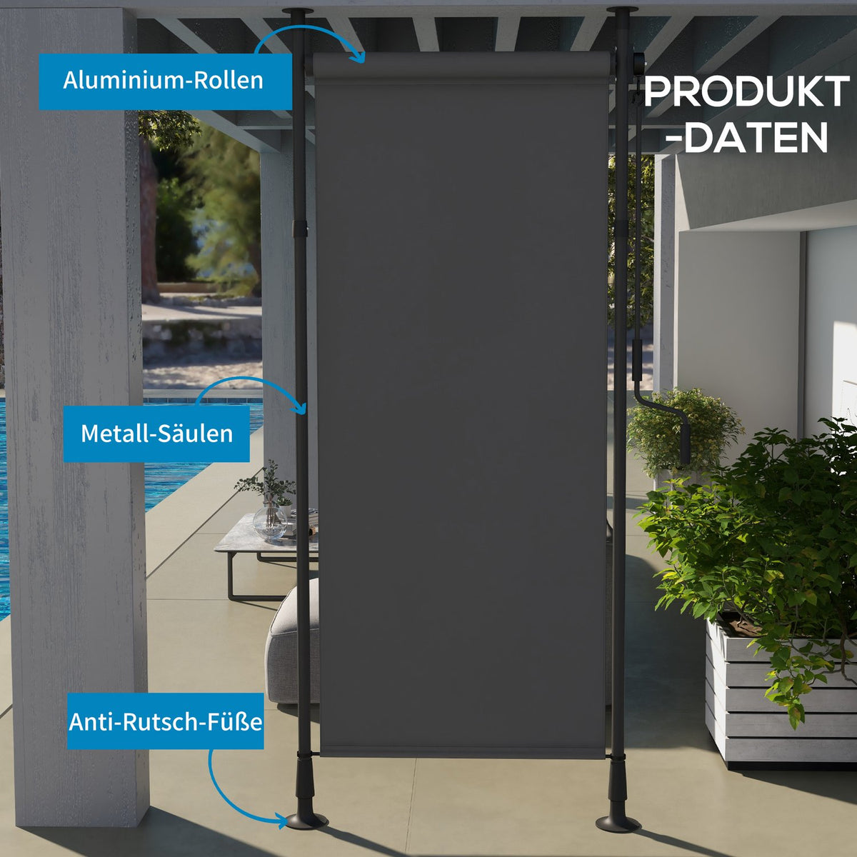 Vertical Awning Sun Protection Balcony Roller Blind 120x220-310cm Weatherproof with Crank Polyester Dark Gray for Patio & Garden