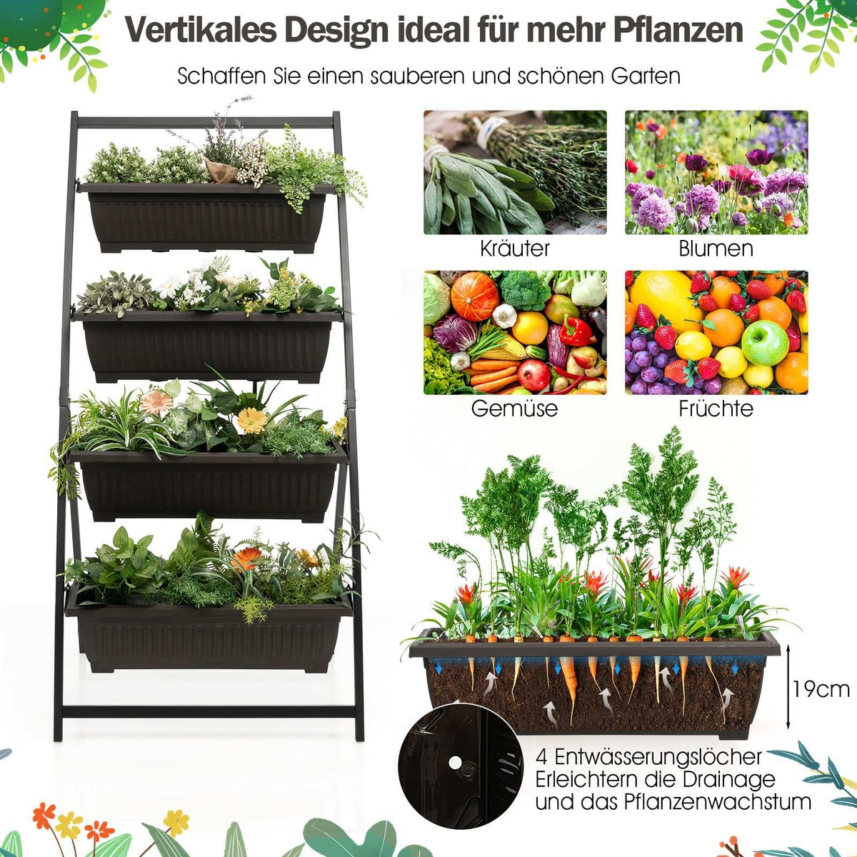 Vertical Garden Planter, 4-Tier with Drainage Holes