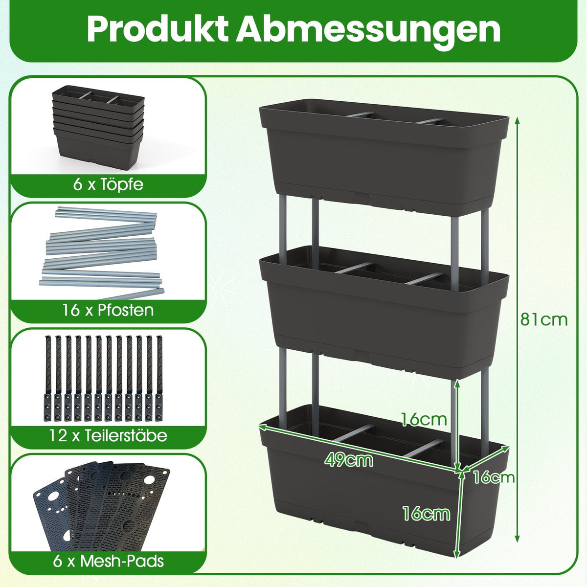 Vertical Planter Set with Drainage, 6 Black Boxes