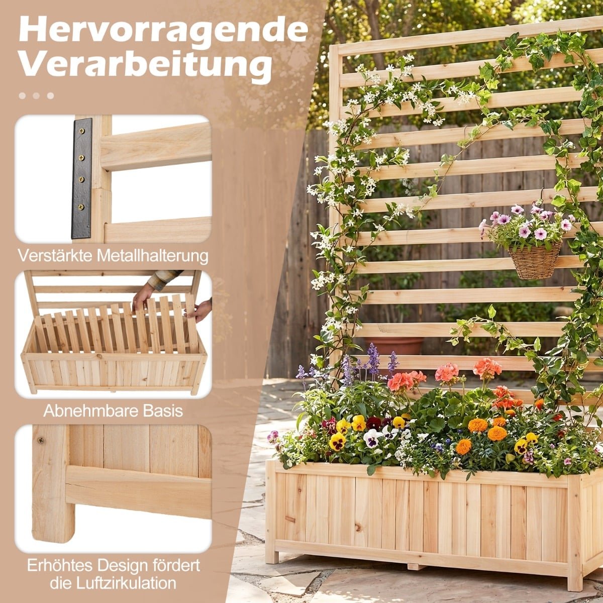 Vertical Spruce Wood Planter with Trellis & Drainage