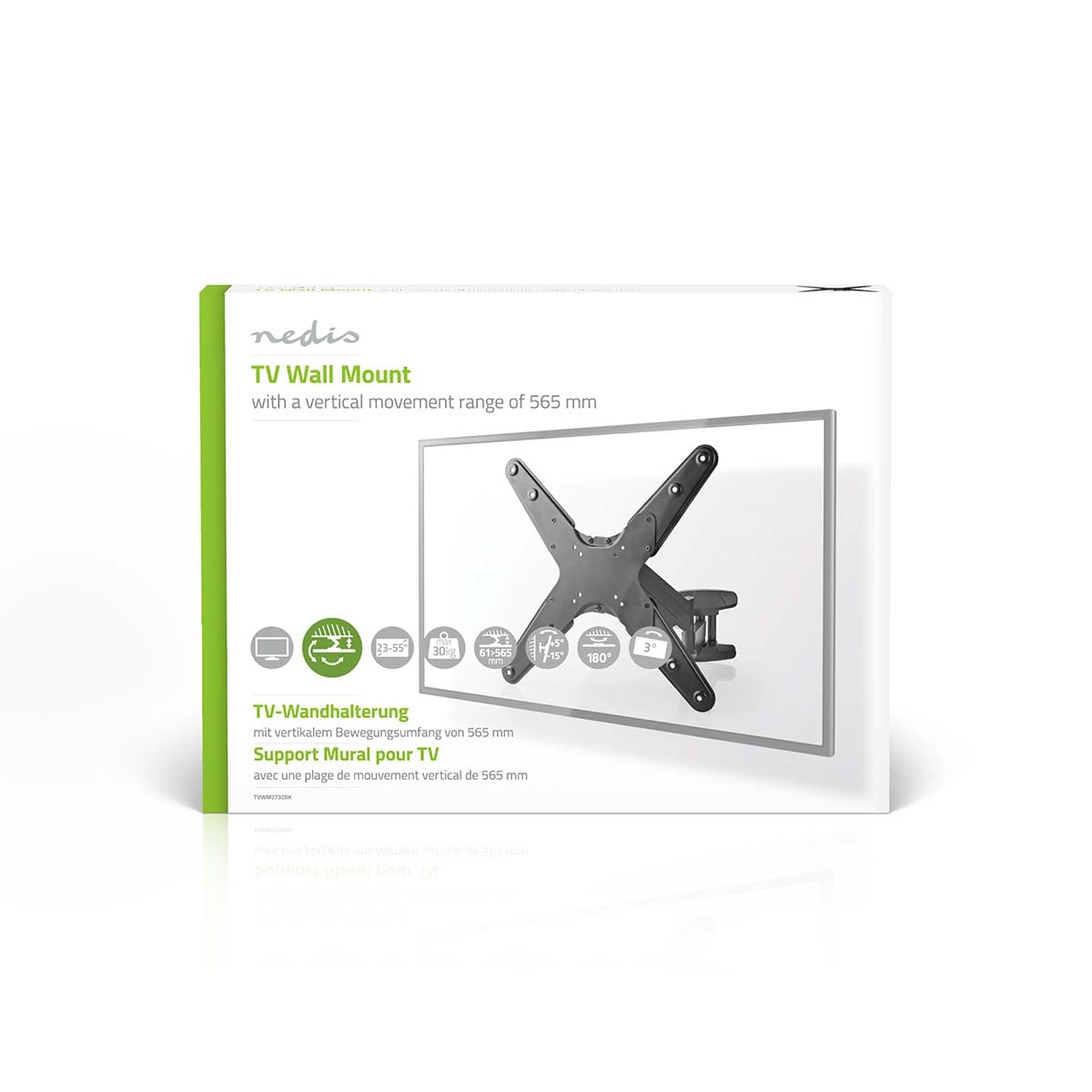 Vertical TV Wall Mount | 23-55" | Maximum Screen Weight Supported: 30kg | Vertical Movement: 0-282mm | Minimum Wall Distance: 61mm | Maximum Wall Distance: 565mm | Tiltable | Rotatable | 3 Pivot Point(s) | ABS / Steel | Black