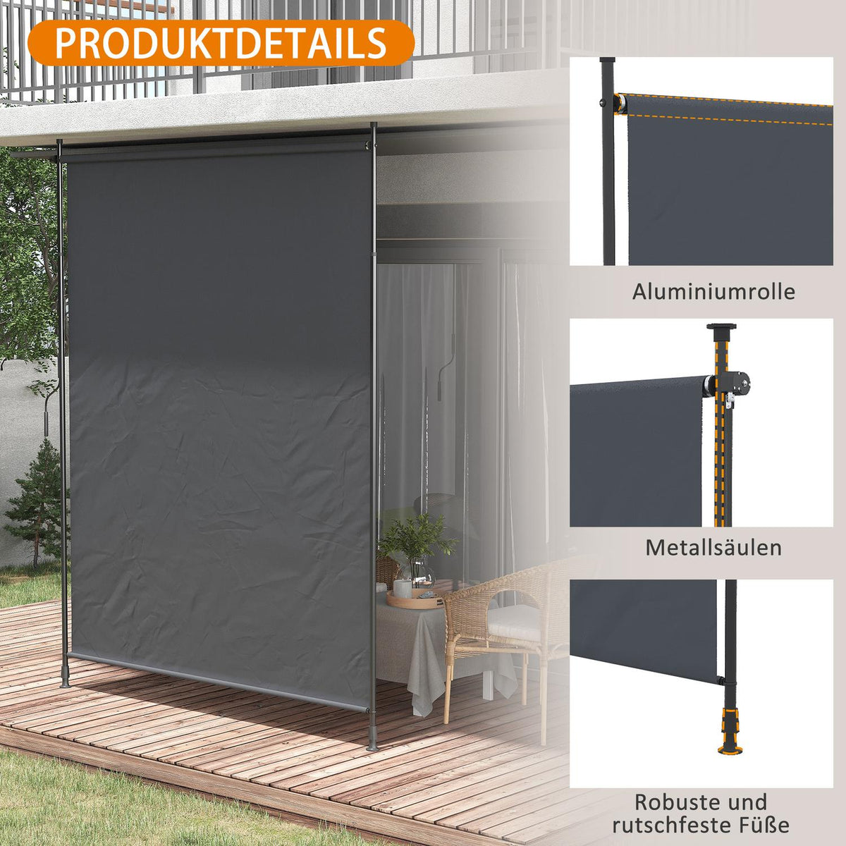 Vertical awning 200 x 292 cm, vertically retractable with adjustable sun protection made of gray aluminum for terraces and balconies