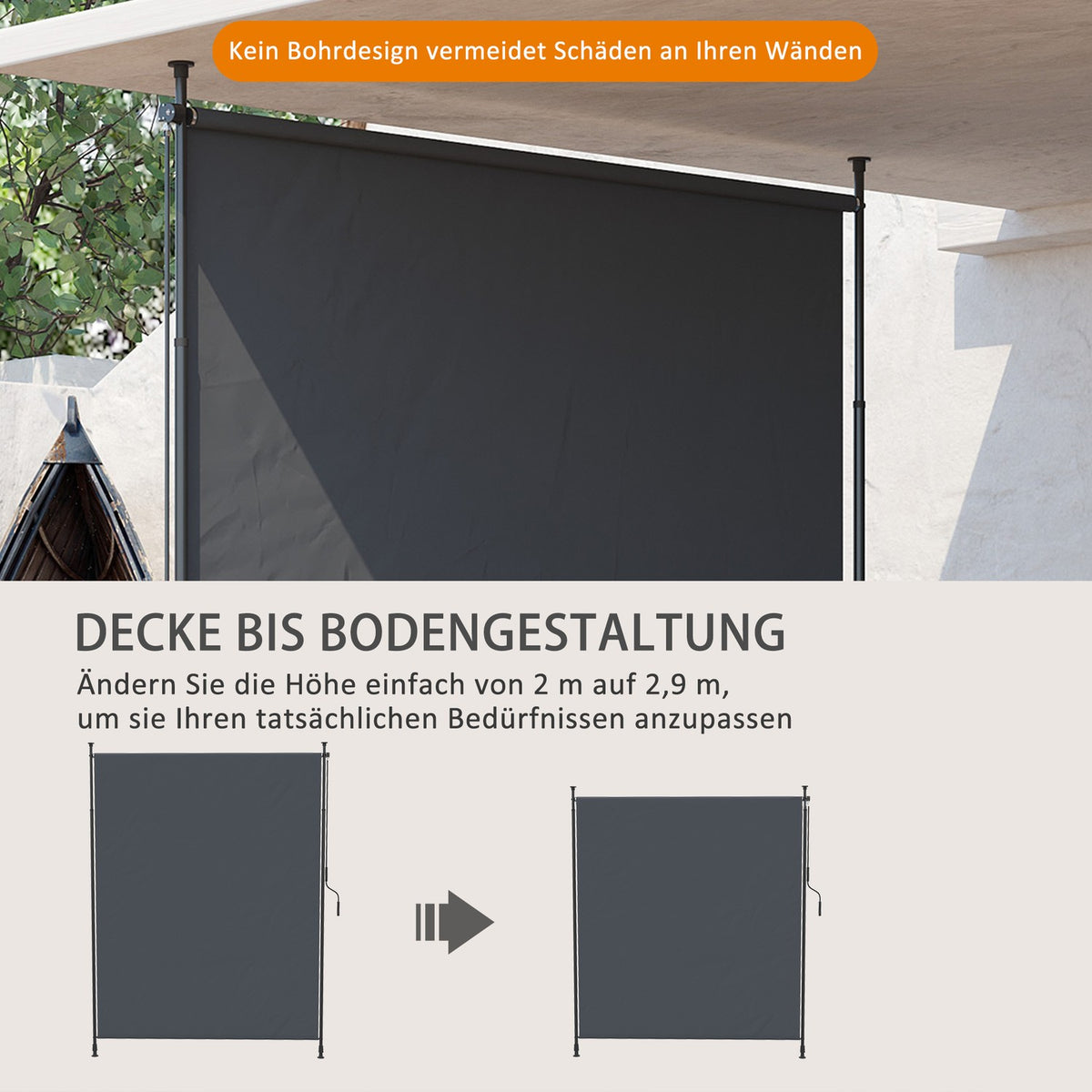 Vertical awning 200 x 292 cm, vertically retractable with adjustable sun protection made of gray aluminum for terraces and balconies