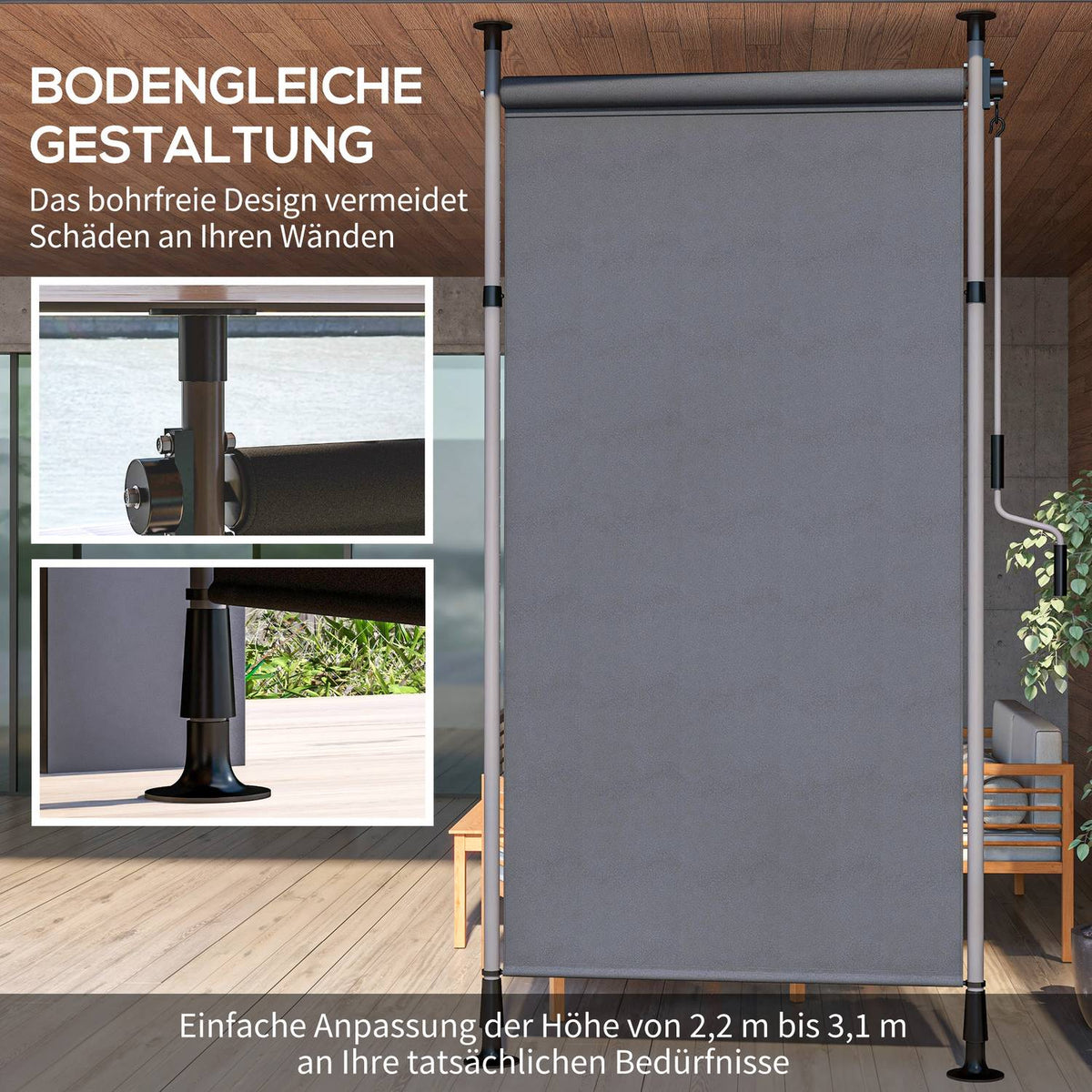 Vertical awning balcony blind 150 x 220-310cm with crank, weatherproof balcony privacy screen made of polyester in dark gray for garden