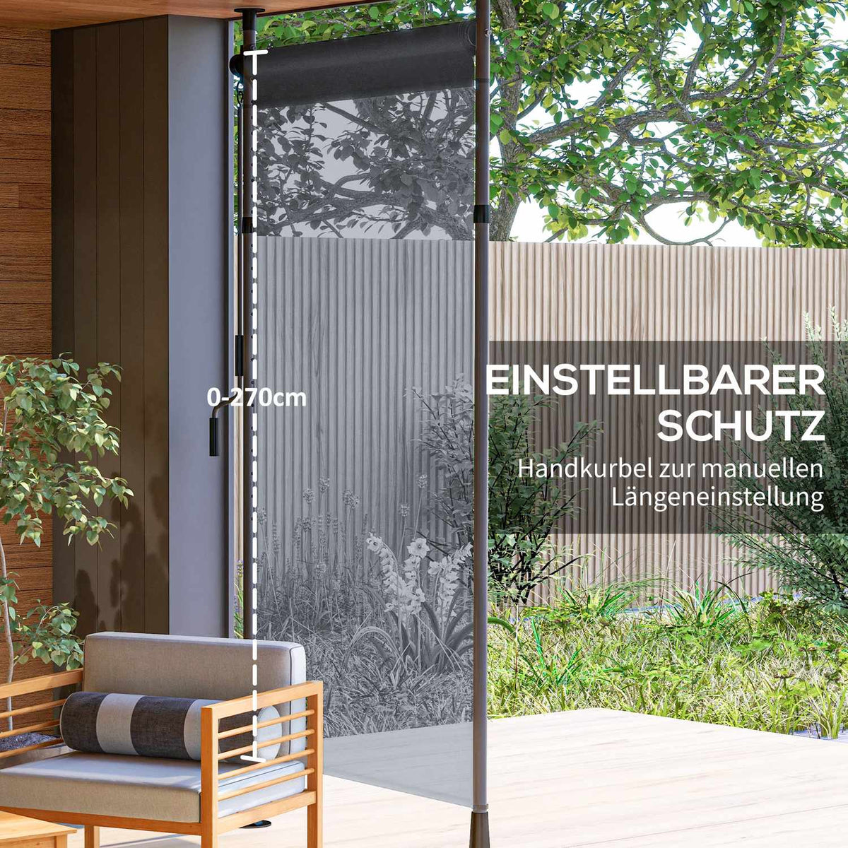 Vertical awning balcony blind 150 x 220-310cm with crank, weatherproof balcony privacy screen made of polyester in dark gray for garden
