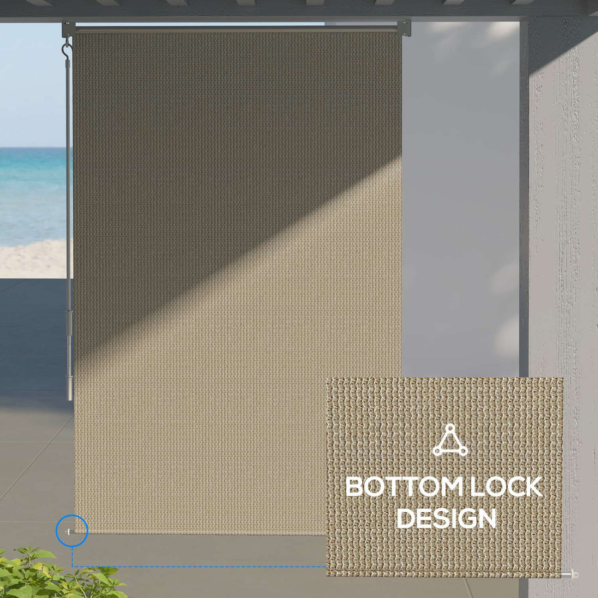 Vertical awning balcony roller blind with hand crank, 120 x 185 cm outdoor roller blind, blackout roller blind, privacy screen for pavilion, garden, beige