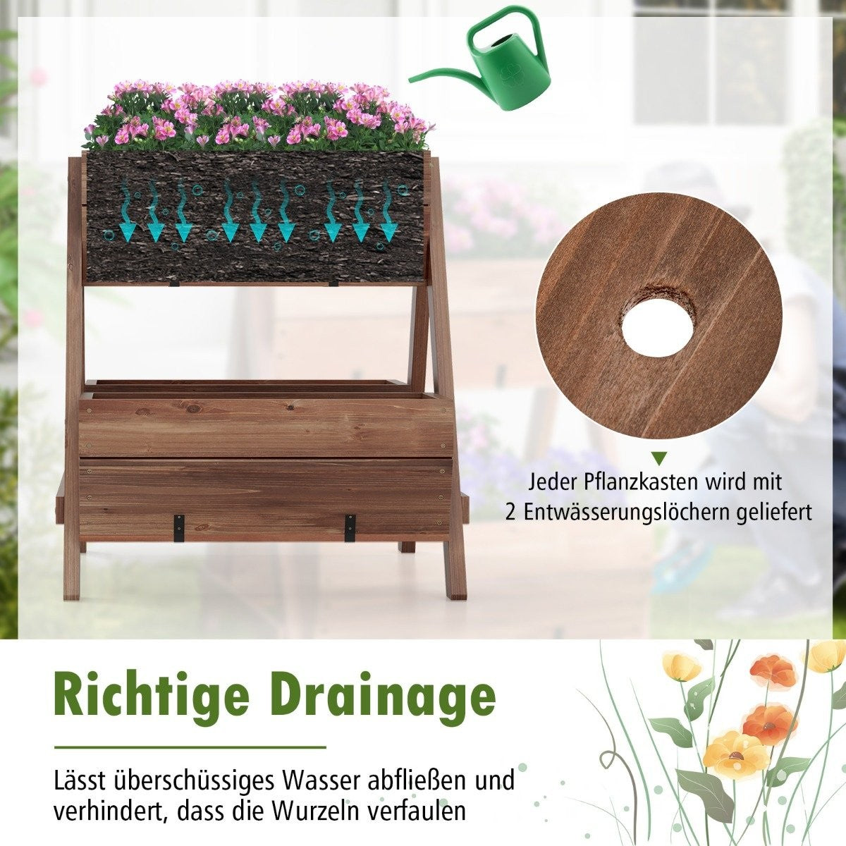 Vertical raised bed with 2 levels & 3 plant boxes & drainage holes flower bed 66 x 73 x 73 cm brown