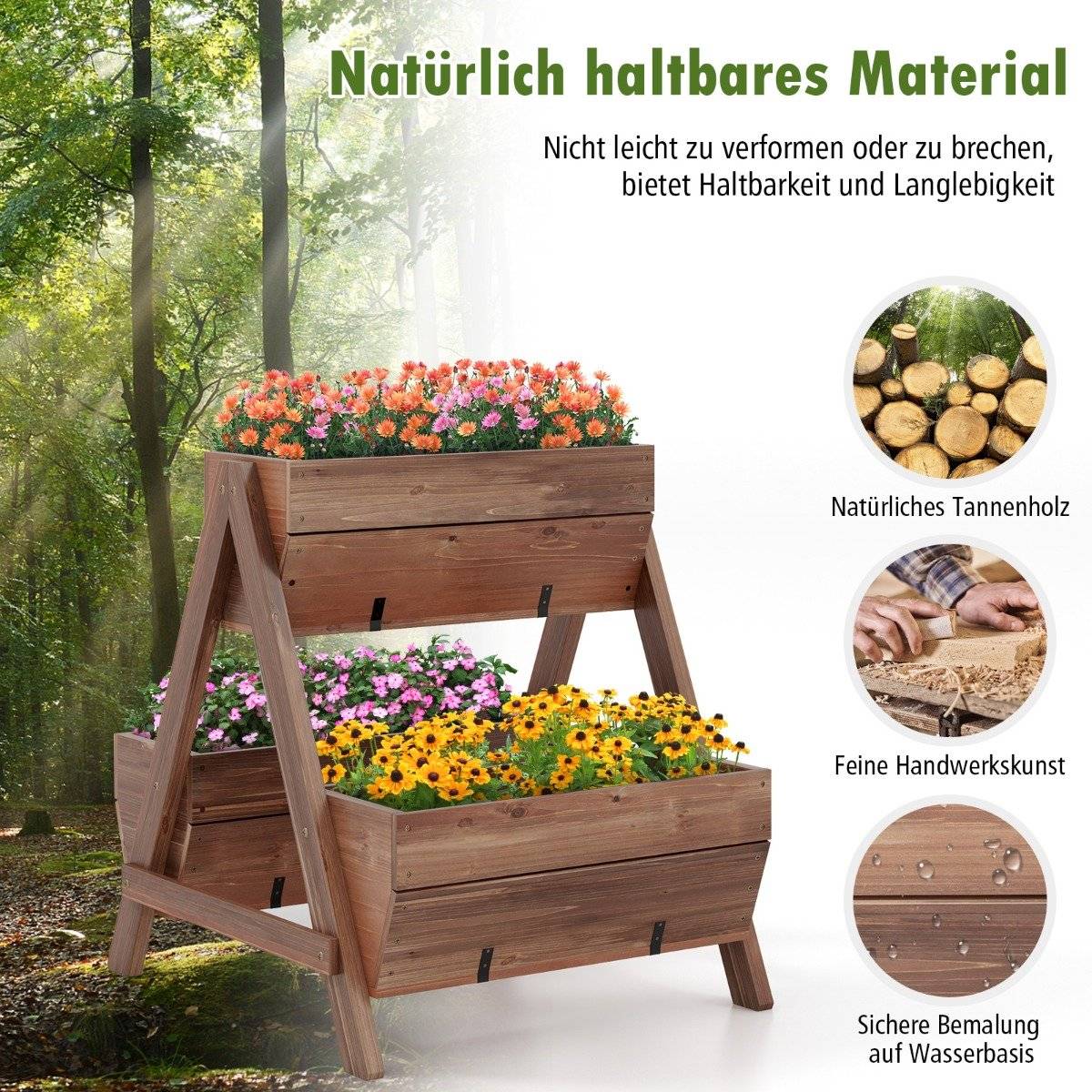 Vertical raised bed with 2 levels & 3 plant boxes & drainage holes flower bed 66 x 73 x 73 cm brown