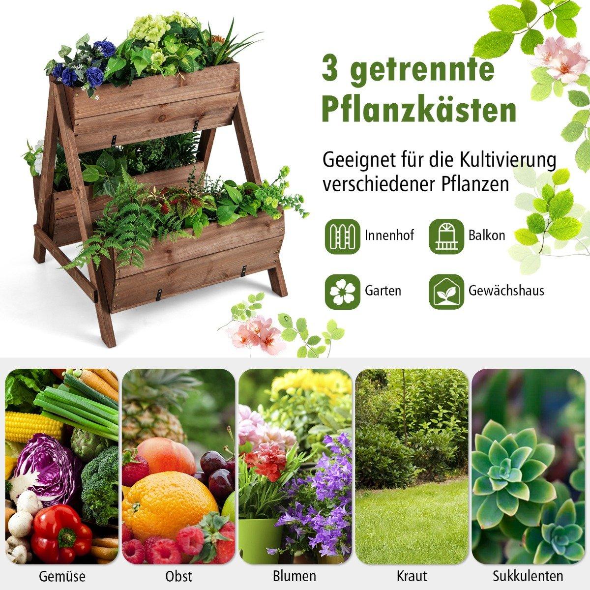 Vertical raised bed with 2 levels & 3 plant boxes & drainage holes flower bed 66 x 73 x 73 cm brown