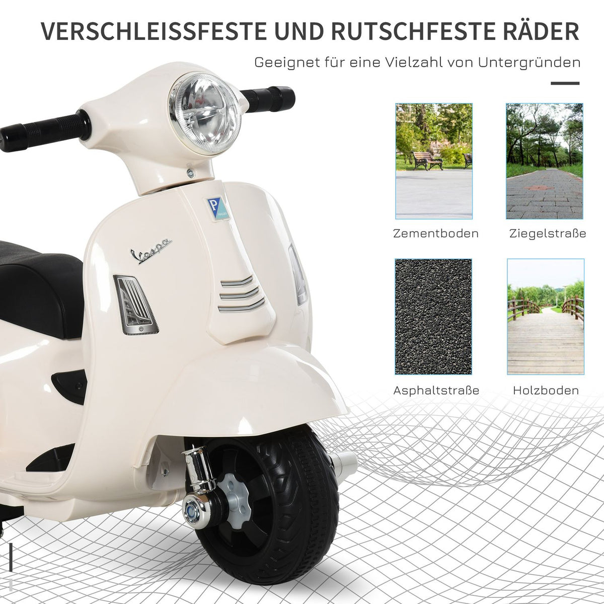 Vespa Electric Motorcycle Children'S Motorcycle, 18-36 Months, 3 Km/H, Led Light & Sound, Pp Plastic & Metal, White, 66.5X38X52Cm