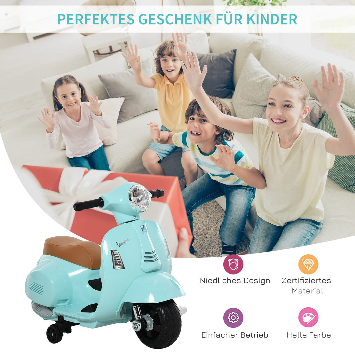 Vespa Electric Motorcycle Children'S Motorcycle Electric Vehicle 18-36 Months 3 Km/H Led Light Sound Pp Plastic Metal Green 66.5 X 38 X 52 Cm