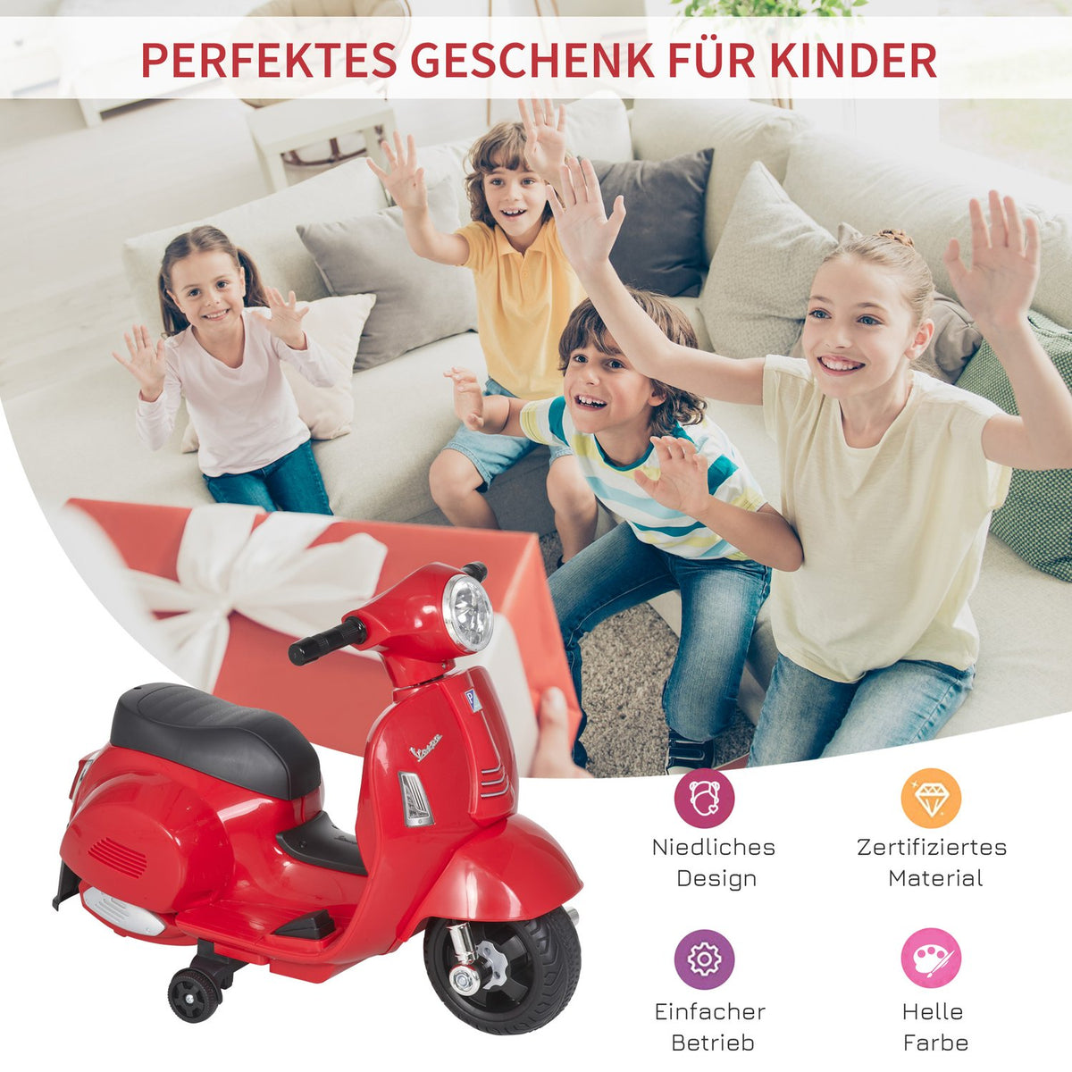 Vespa Electric Motorcycle Children'S Motorcycle Electric Vehicle 18-36 Months 3 Km/H Led Light Sound Pp Plastic Metal Red 66.5 X 38 X 52 Cm