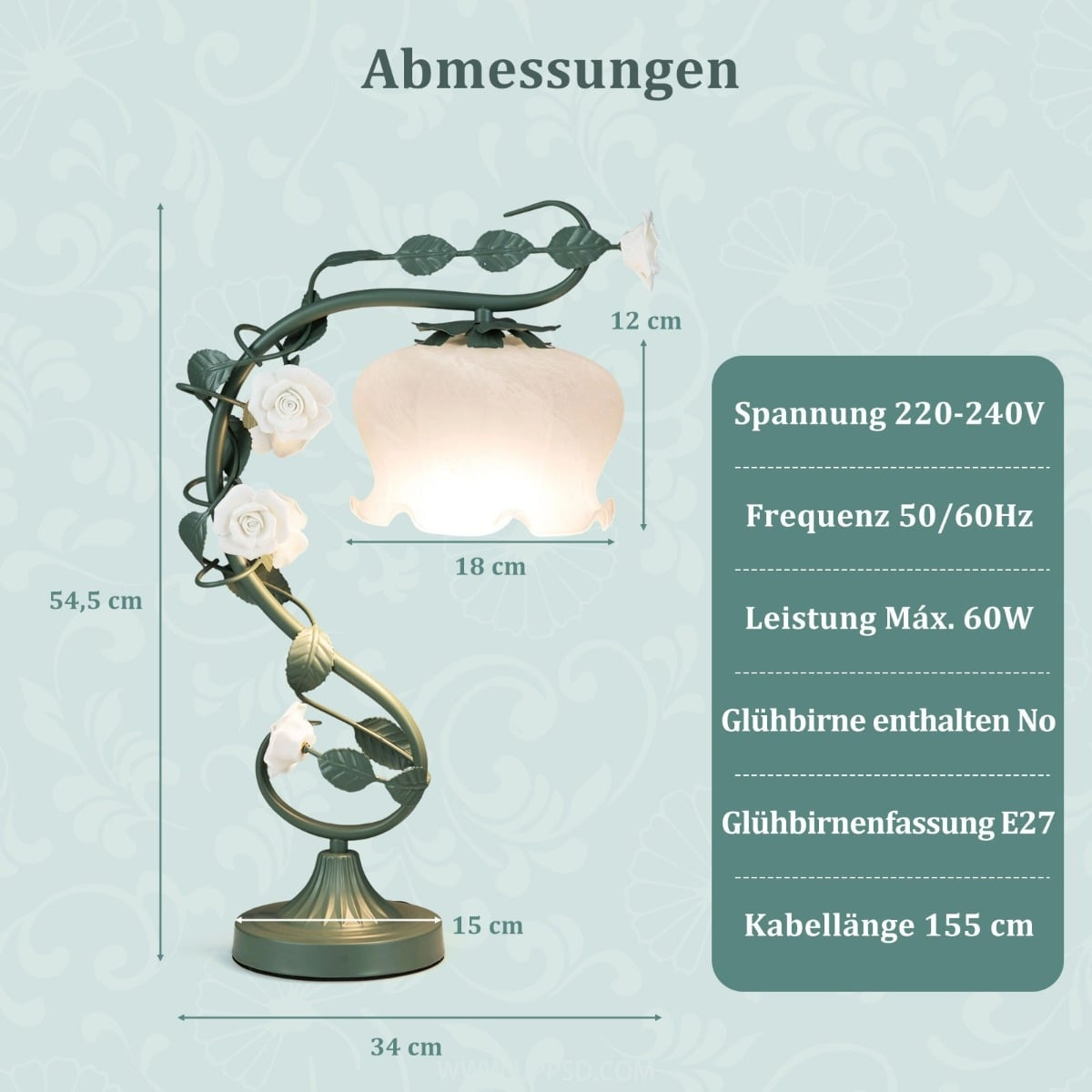 Vintage Bedside Lamp with Lily Glass Shade & Ceramic Roses