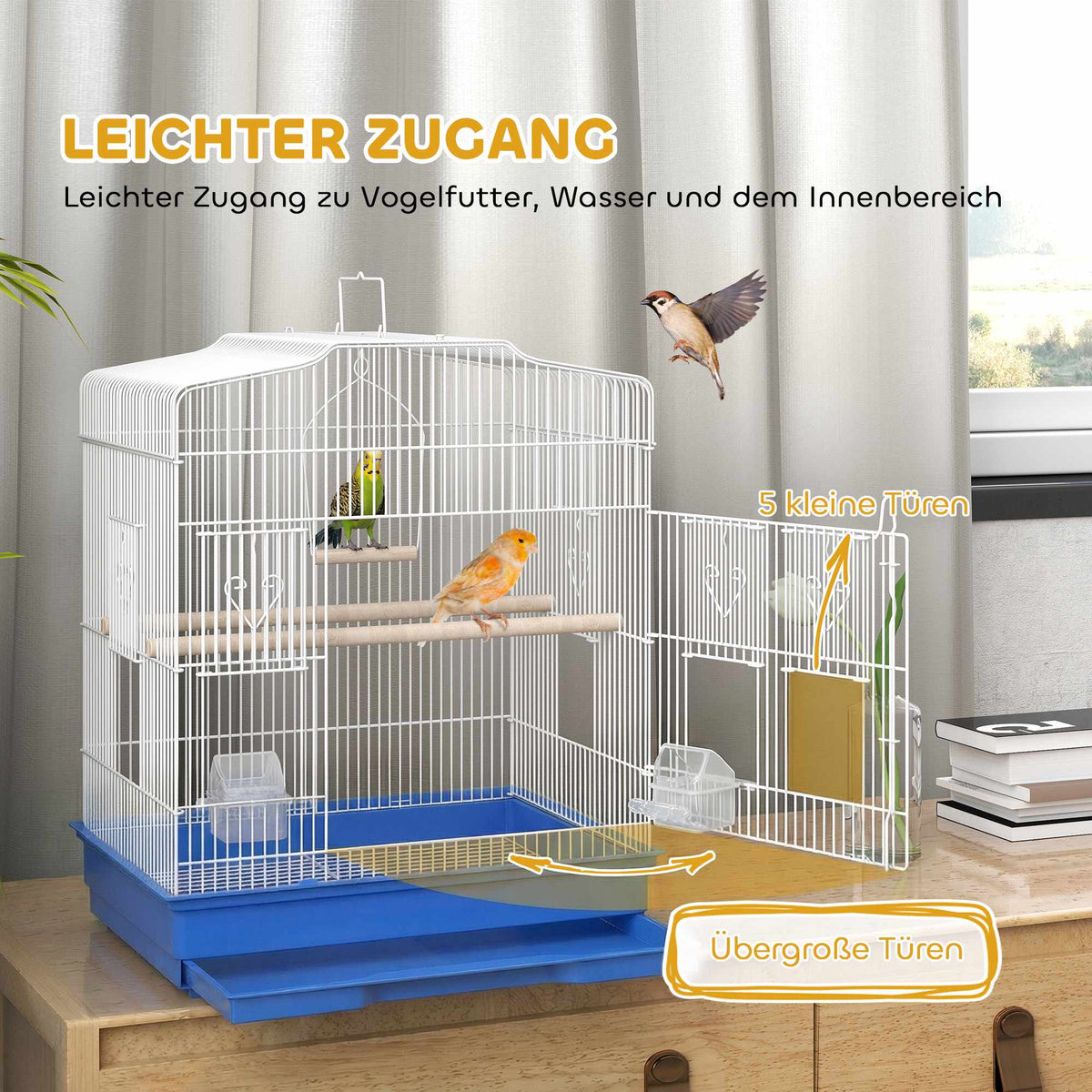 Vintage Bird Cage for Small Birds, Steel & Wood, Blue/White