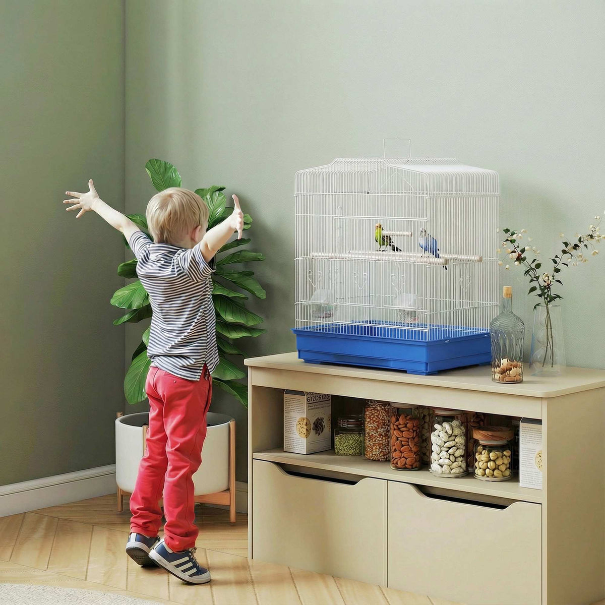 Vintage Bird Cage for Small Birds, Steel & Wood, Blue/White
