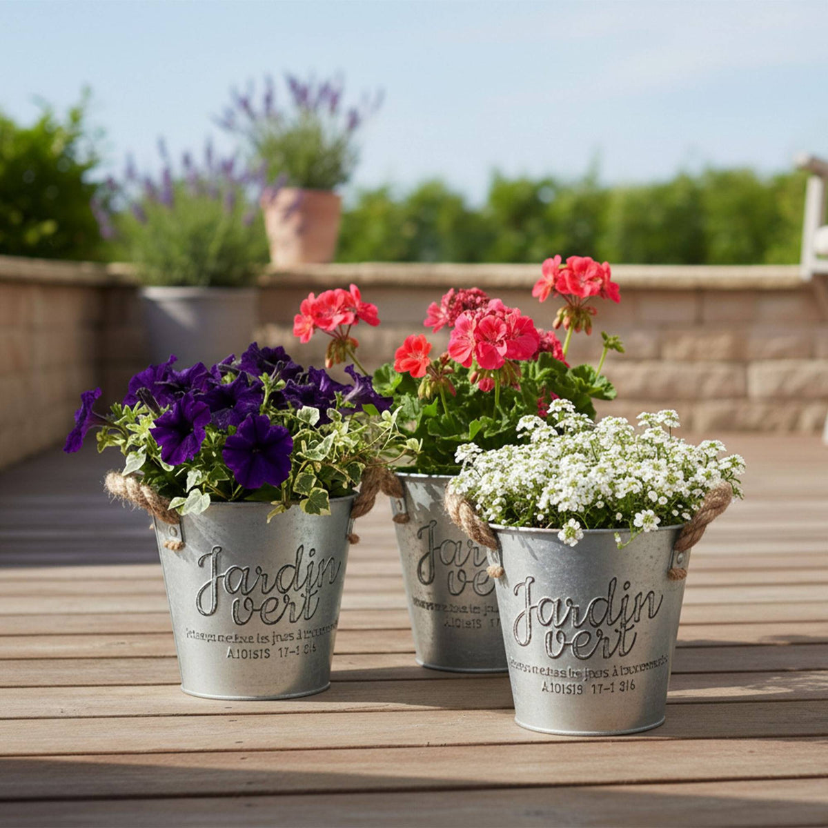 Vintage Metal Planters Set, Rustic Jute Handles, 3-Piece