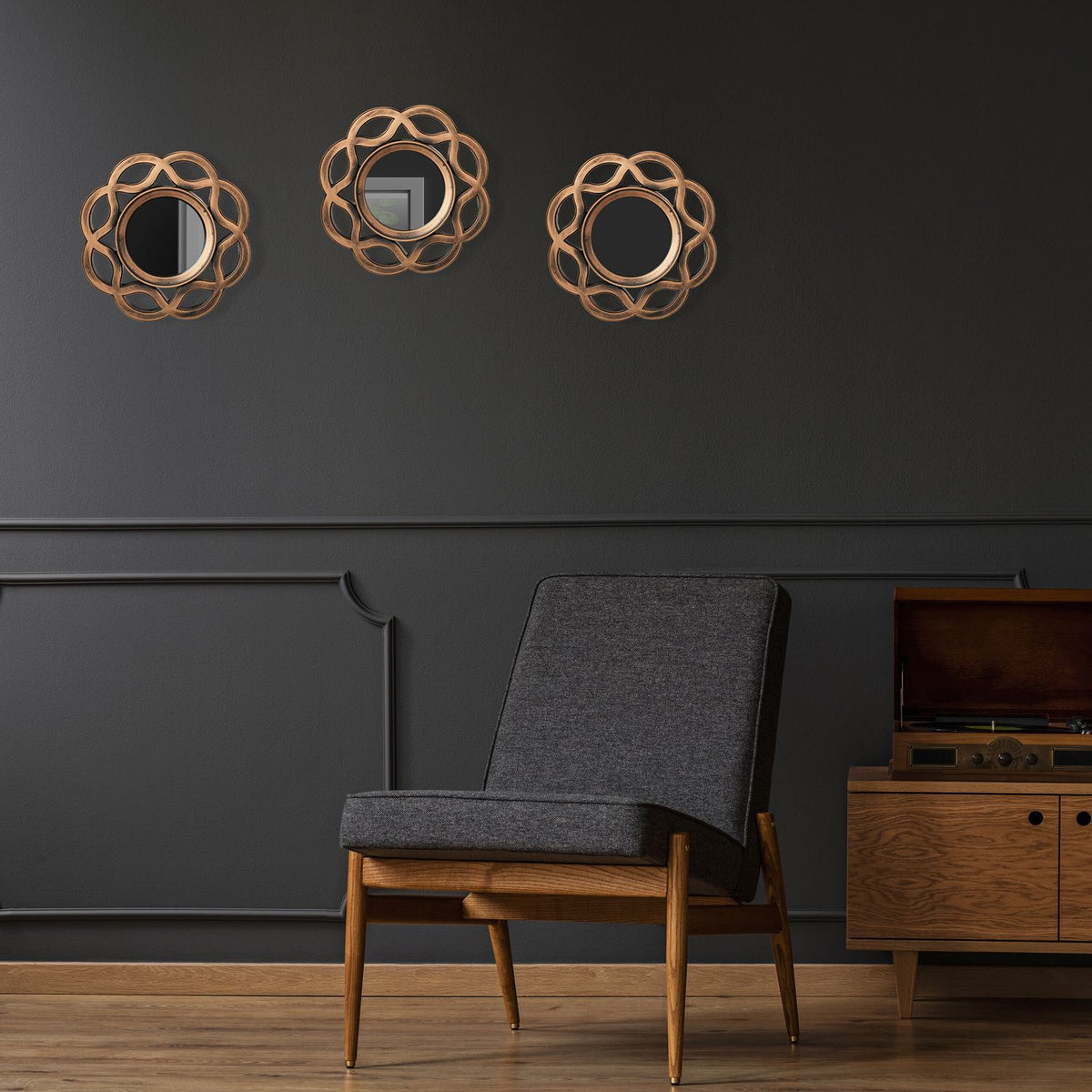 Vintage Style Wall Mirrors Set, 25 cm, Gold & Black