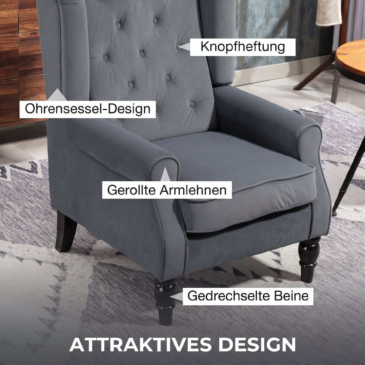 Vintage Tufted Wingback Armchair, Grey Velvet, 74x86x102 cm