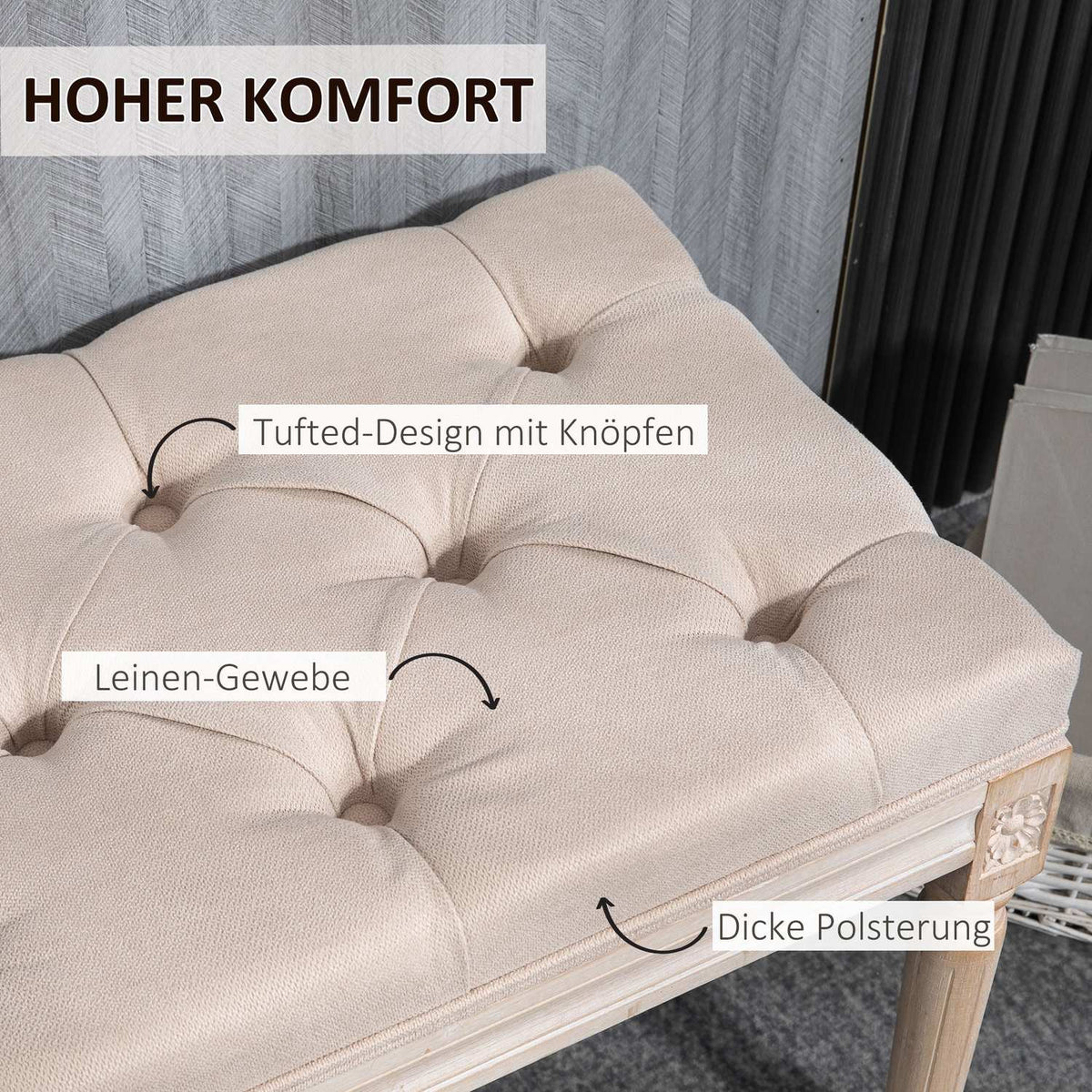 Vintage Upholstered Bench 117X40X48Cm Bench, Bed Bench, Bedroom Bench With Buttons, Linen Look, Up To 120Kg, Beige