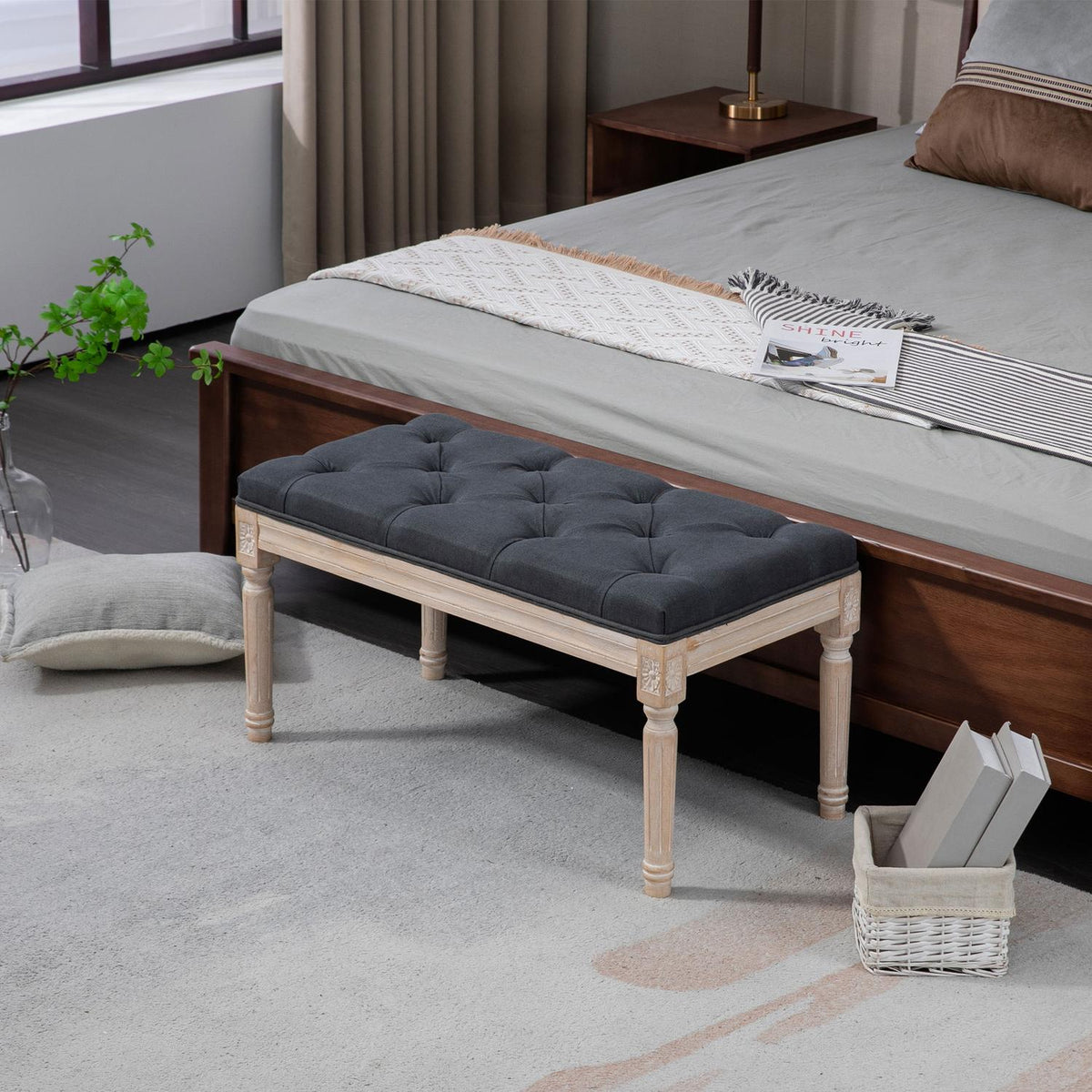 Vintage Upholstered Bench 80X40X43Cm Bench, Bed Bench, Hallway Bench With Buttons, Linen Look, Up To 120Kg, Dark Grey