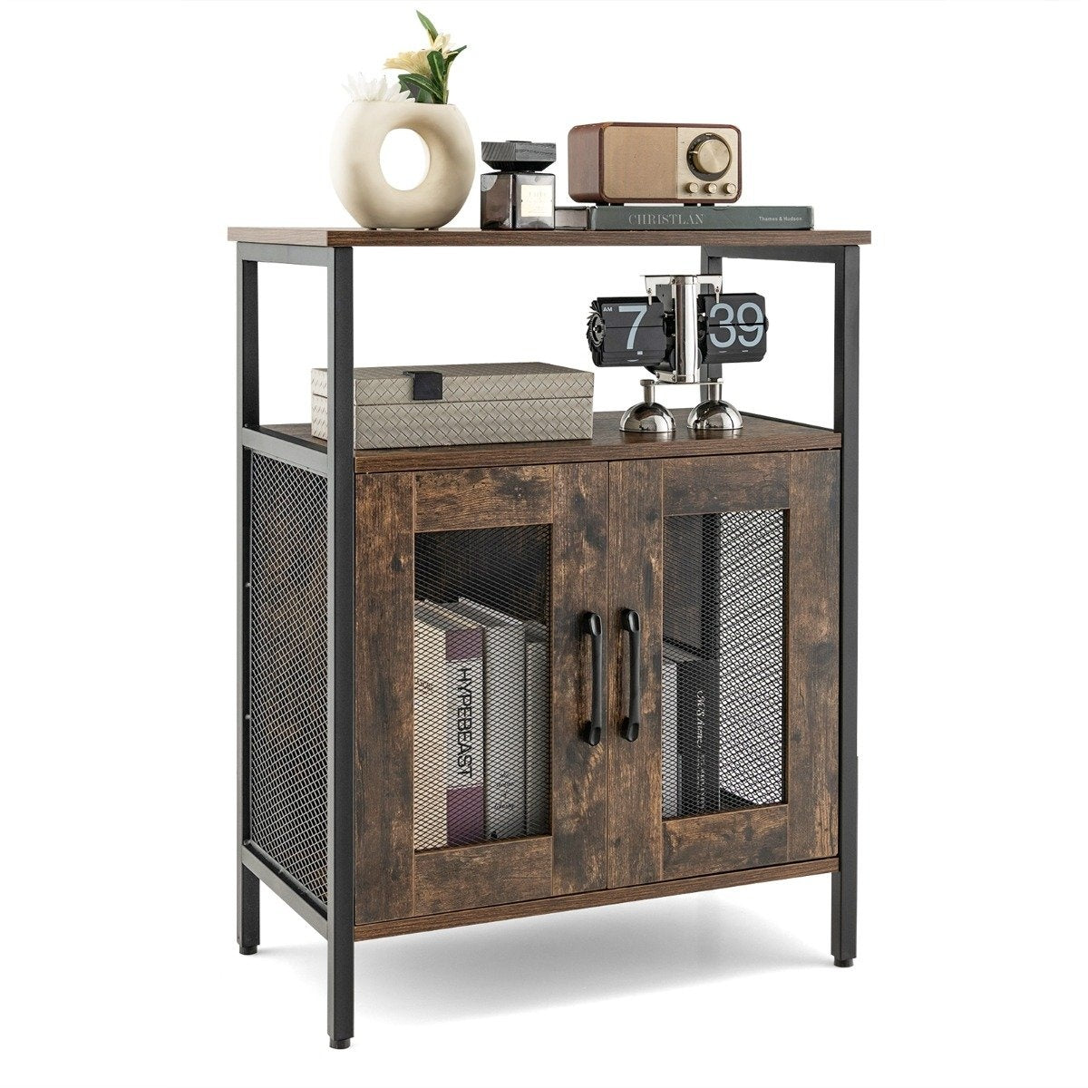 Vintage Wine Cabinet with Removable Wine Rack & Integrated Glass Holders Rustic Brown