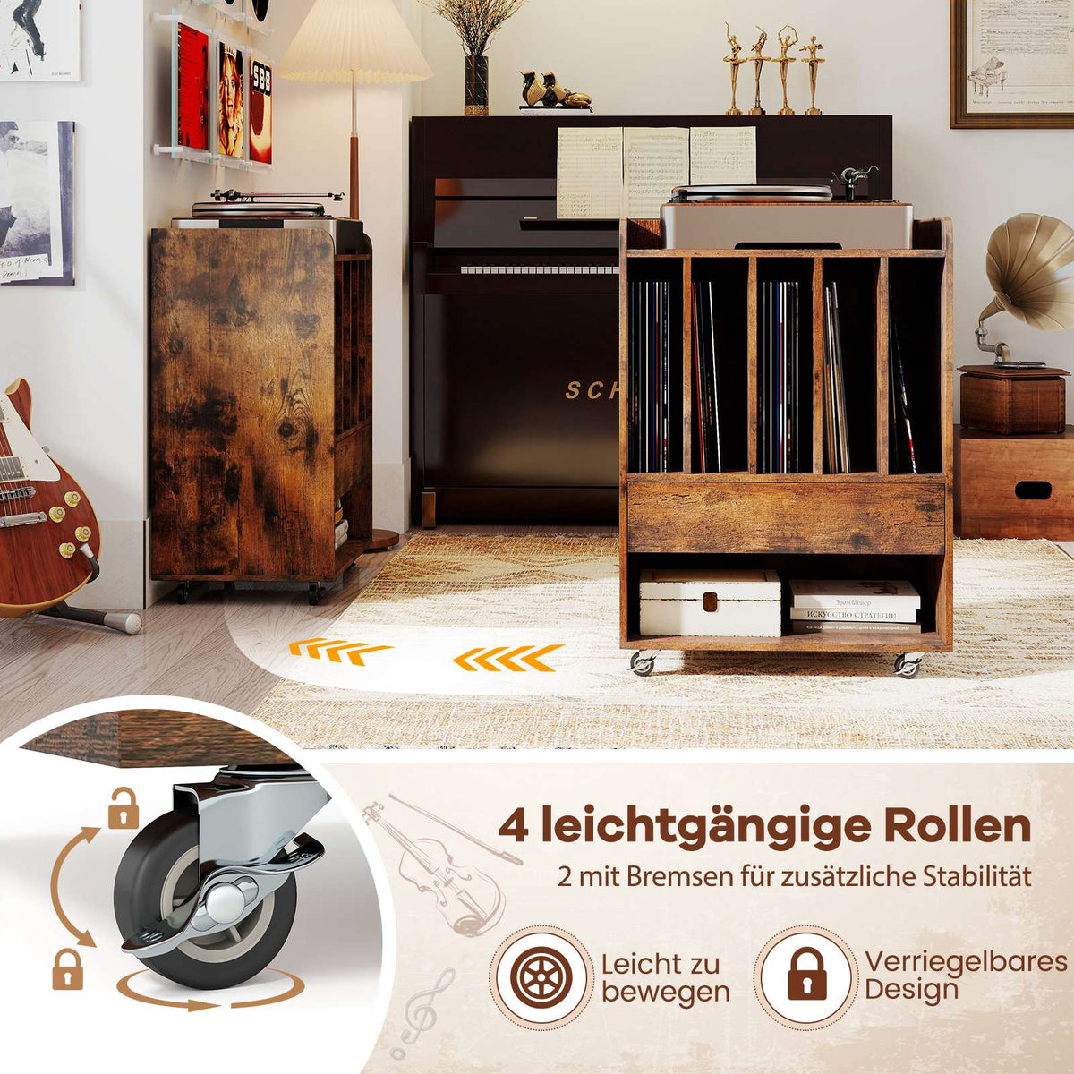 Vinyl Record Player Table with Storage, Drawer, Wheels, Brown