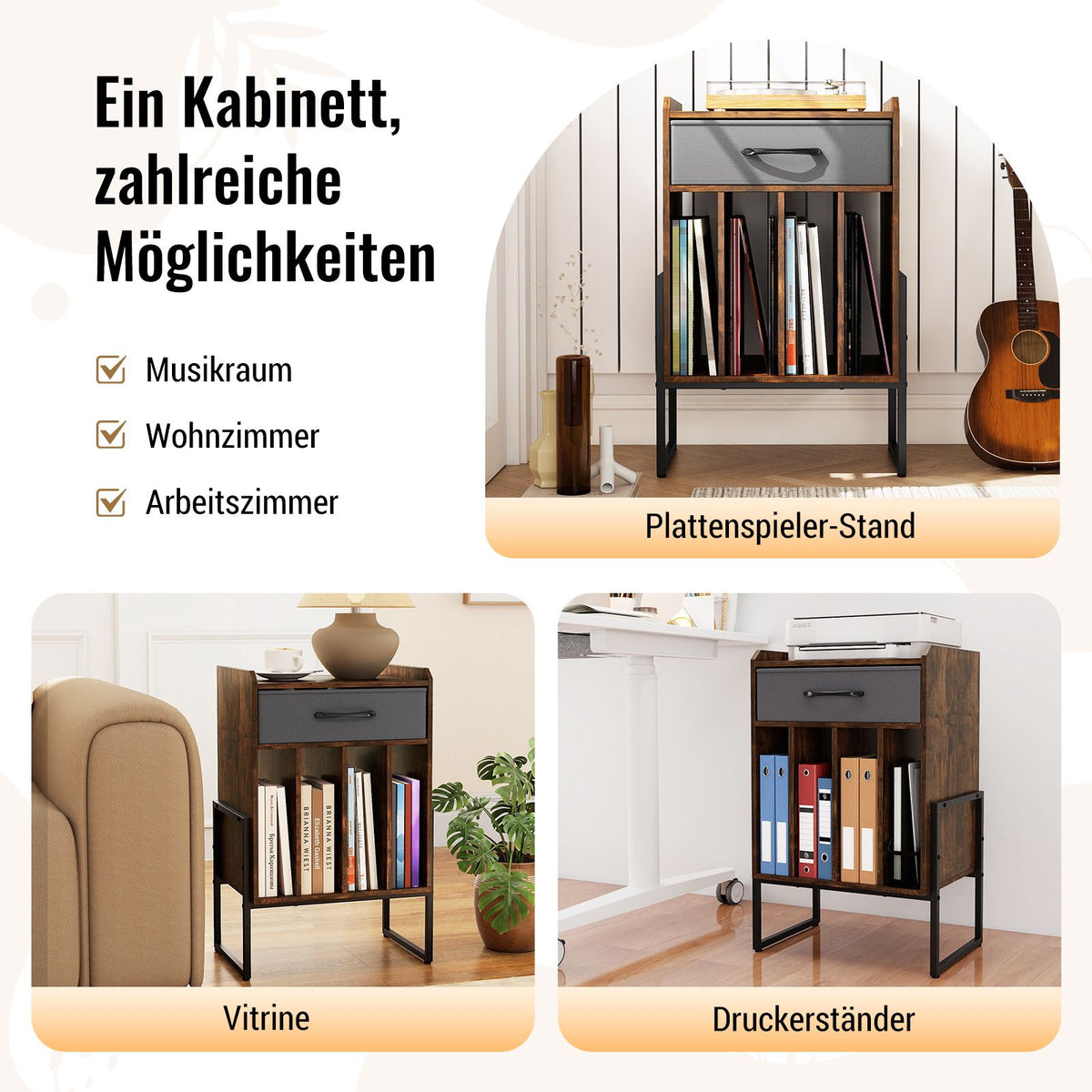 Vinyl Record Stand with 4 Shelves, Brown Retro Design