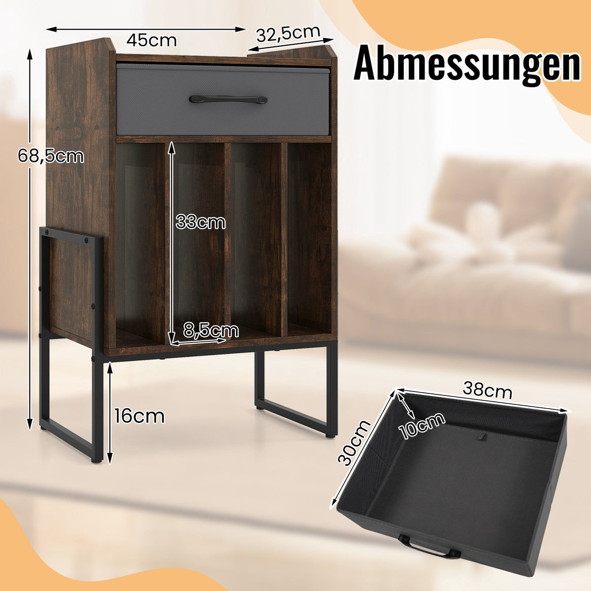 Vinyl Record Stand with 4 Shelves, Brown Retro Design