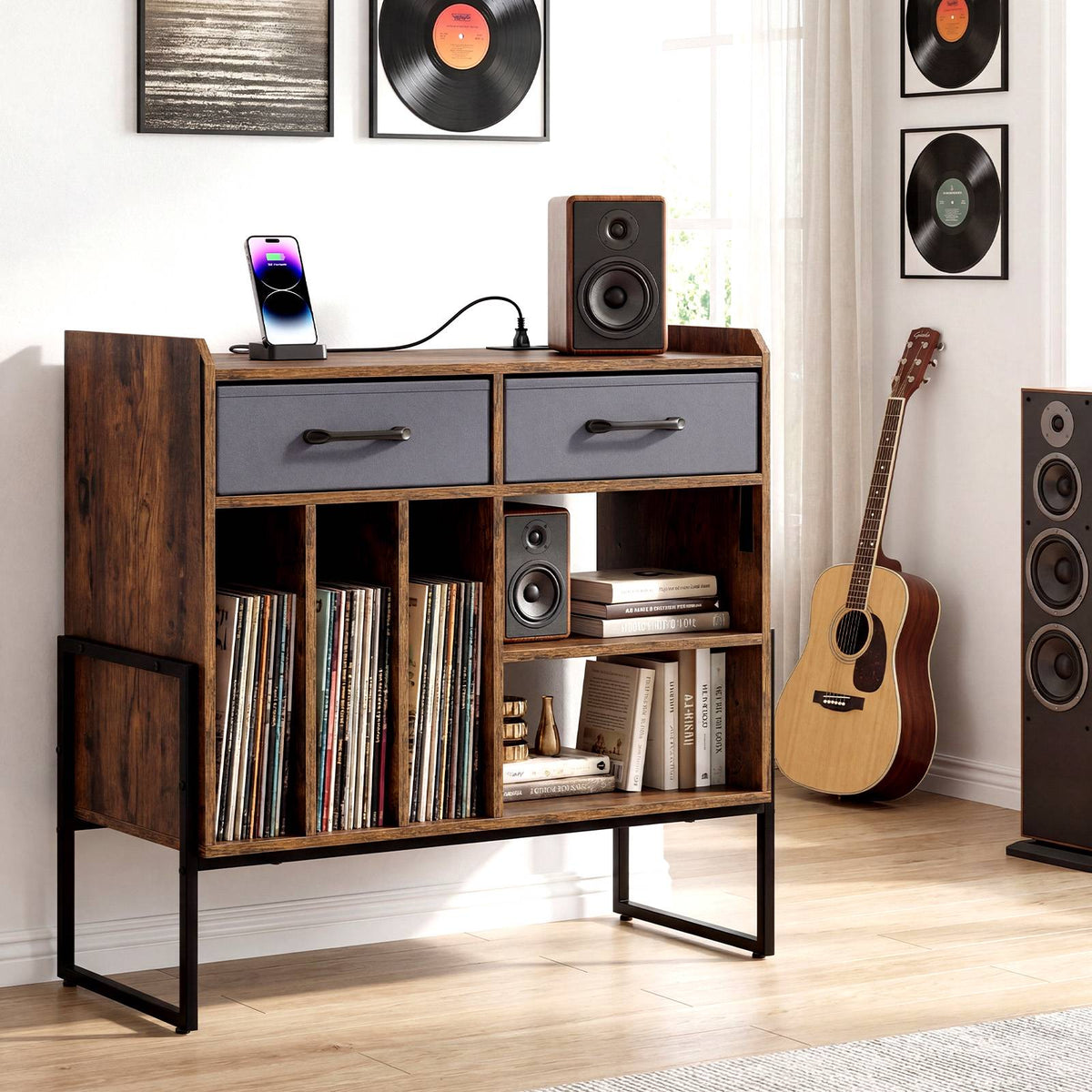 Vinyl Record Stand with Outlets & USB, Brown, Retro Charm