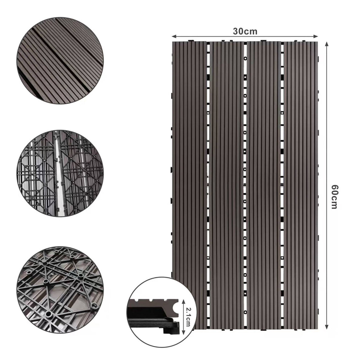 WPC Interlocking Floor Tiles 60x30 cm, Non-Slip, Weatherproof