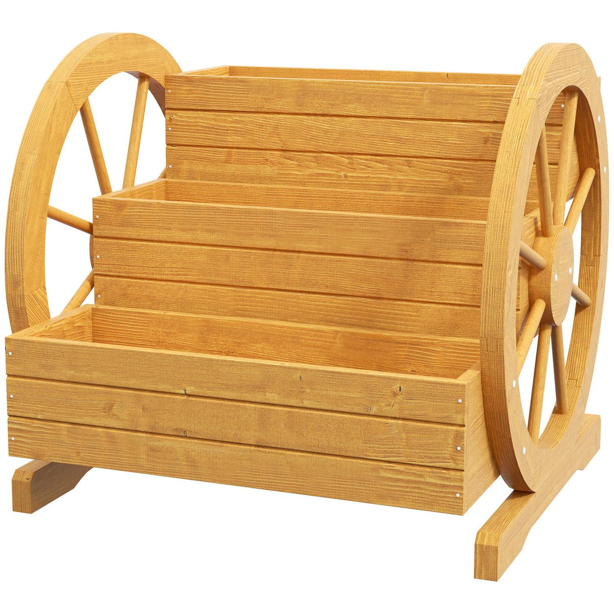 Wagon Wheel Flower Box 61 x 62 x 57 cm Weather Resistant Water Repellent 3 Tier Drainage Holes Fir Wood Teak