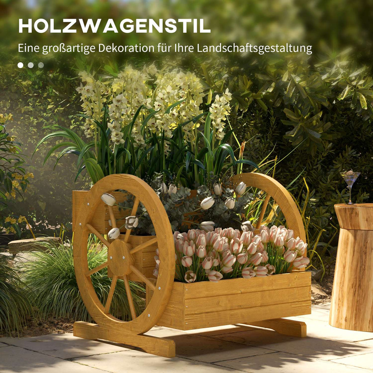 Wagon Wheel Flower Box 61 x 62 x 57 cm Weather Resistant Water Repellent 3 Tier Drainage Holes Fir Wood Teak