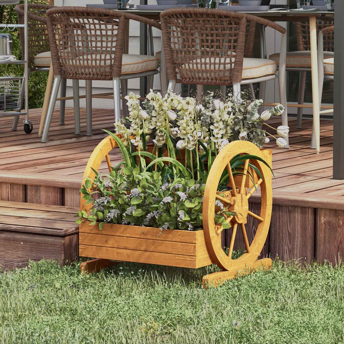 Wagon Wheel Flower Box 61 x 62 x 57 cm Weather Resistant Water Repellent 3 Tier Drainage Holes Fir Wood Teak