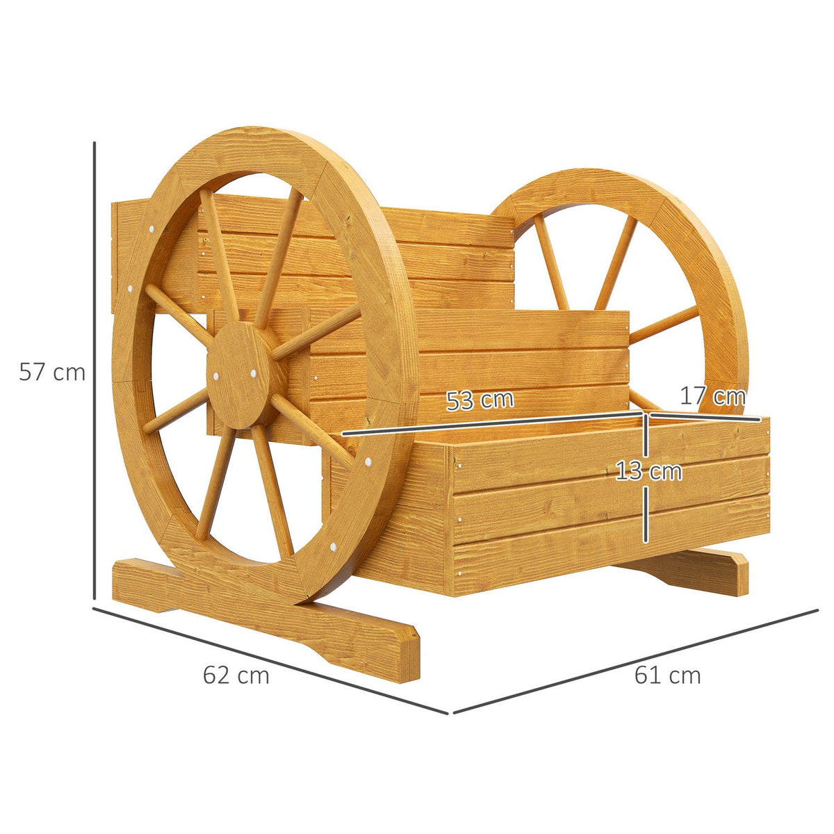 Wagon Wheel Flower Box 61 x 62 x 57 cm Weather Resistant Water Repellent 3 Tier Drainage Holes Fir Wood Teak