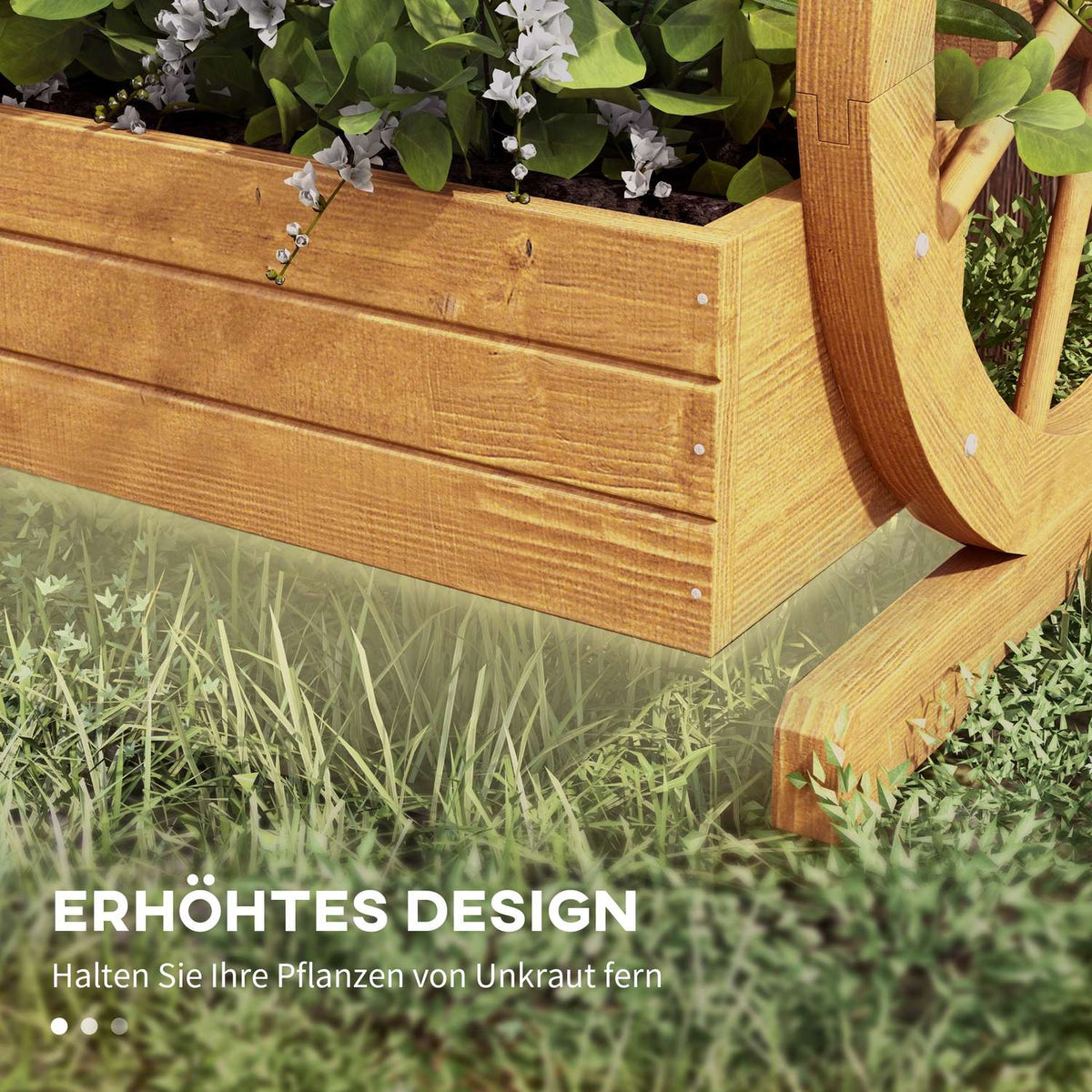 Wagon Wheel Flower Box 61 x 62 x 57 cm Weather Resistant Water Repellent 3 Tier Drainage Holes Fir Wood Teak