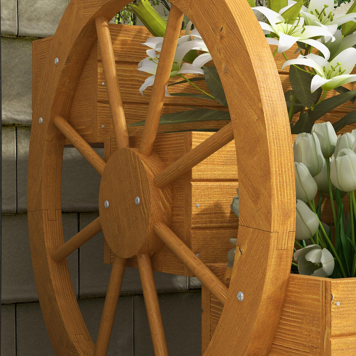 Wagon Wheel Flower Box 61 x 62 x 57 cm Weather Resistant Water Repellent 3 Tier Drainage Holes Fir Wood Teak