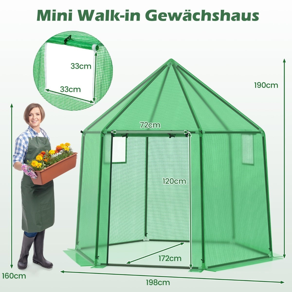Walk-In Greenhouse with PE Cover, Roll-Up Door, Windows